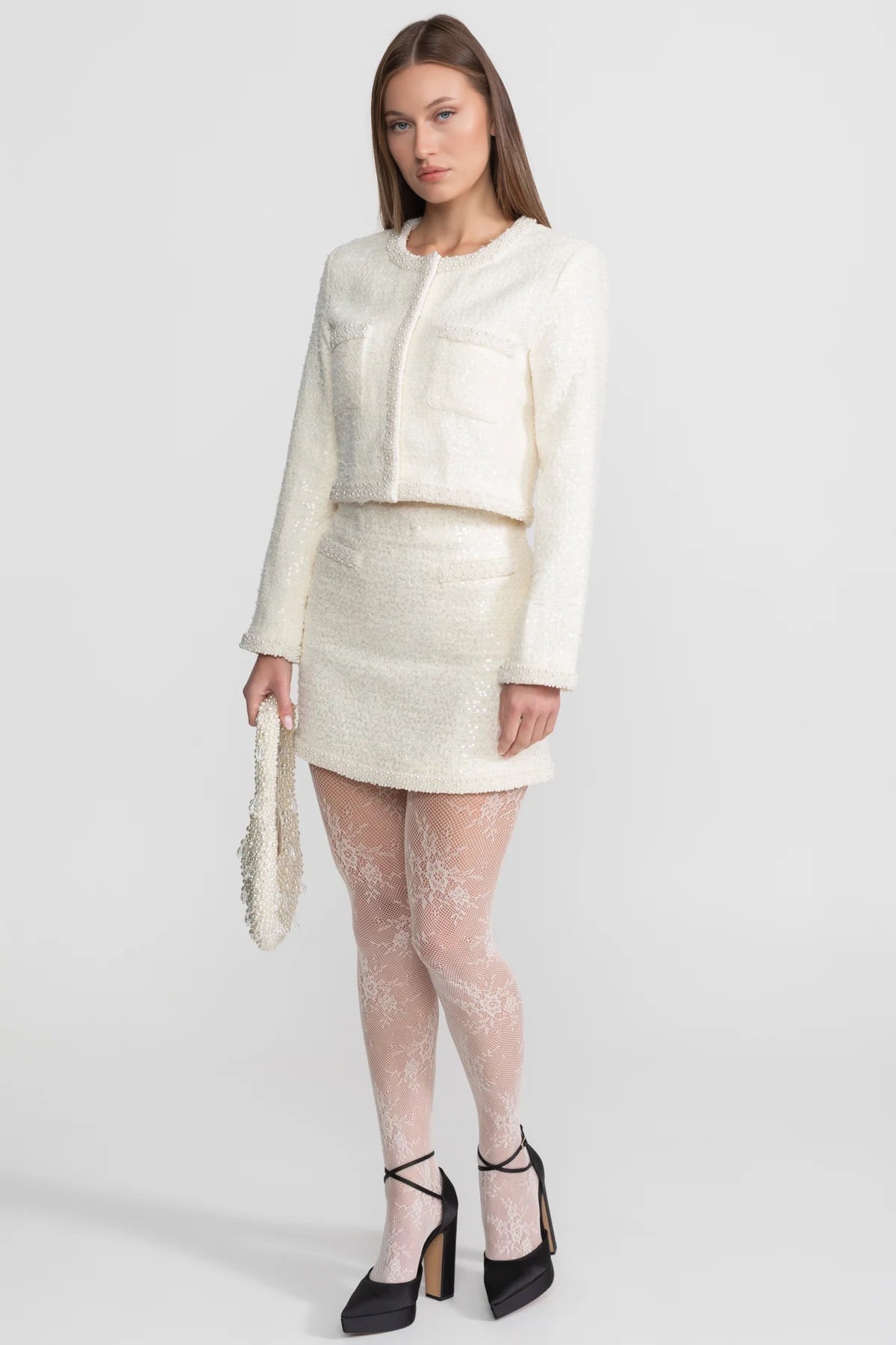 Tweed Mini Skirt With Beaded Trim And Hemline - Ivoire