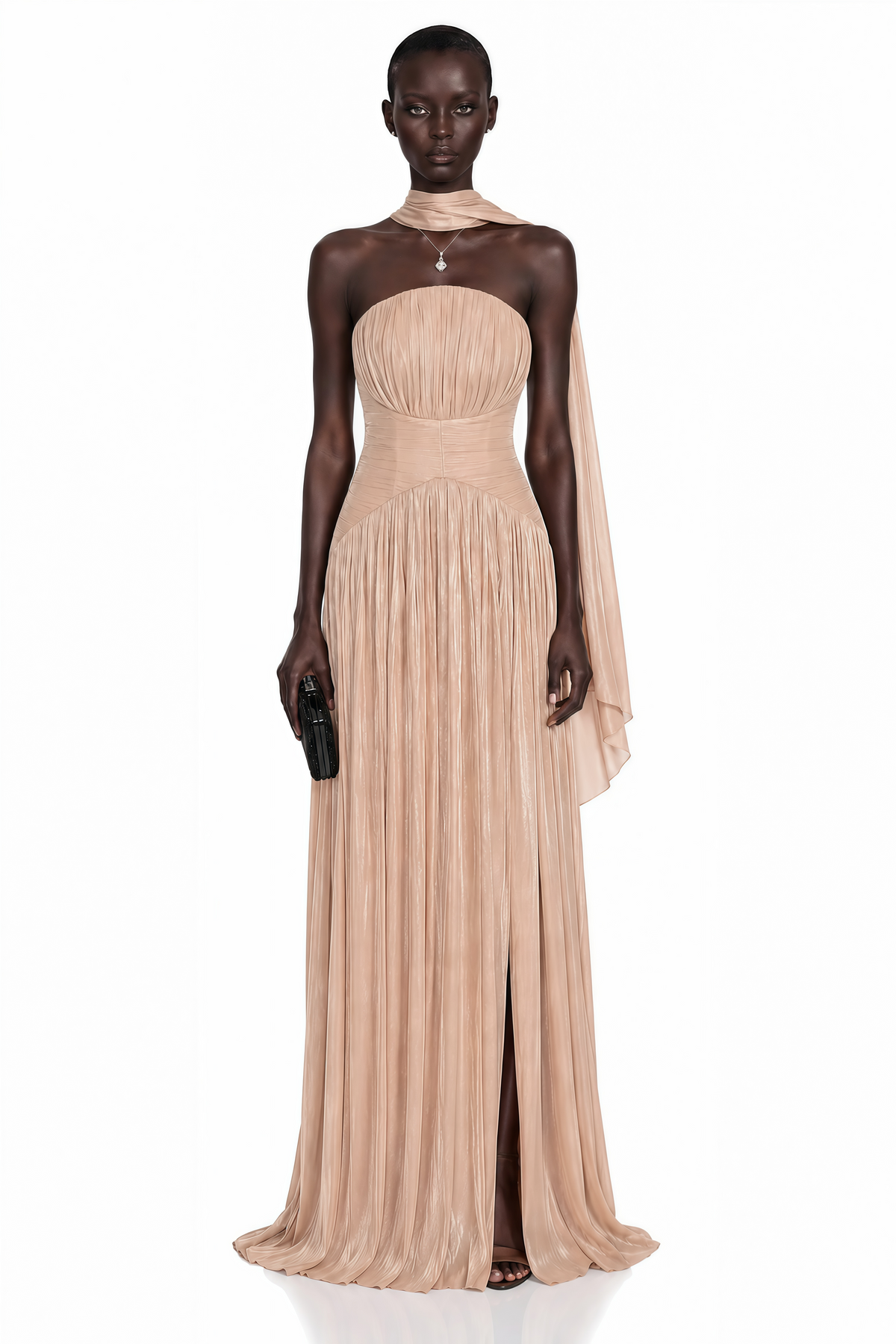 Fadime Champagne Cross Front Ruched Maxi Dress with Cape