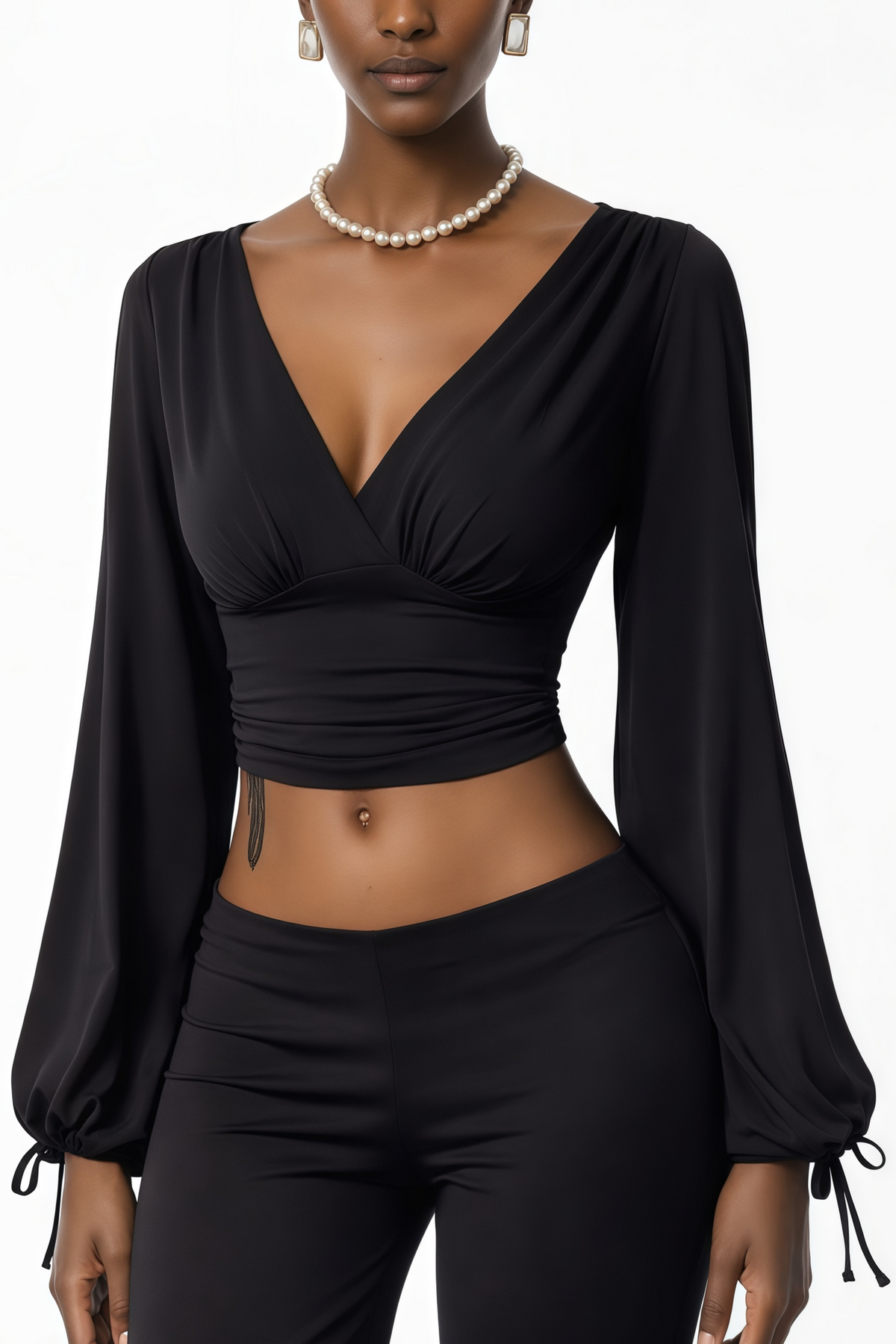 Faith Black Deep V Blouse & Trouser Set