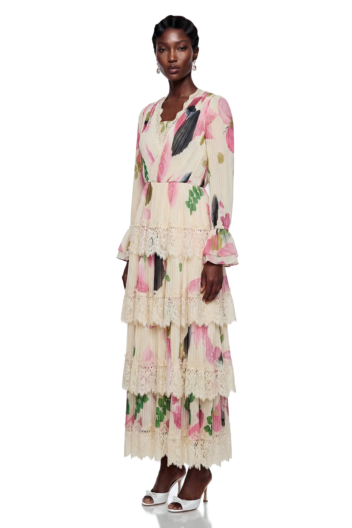Farnaz Cream Floral Print Maxi Dress with Lace Trim