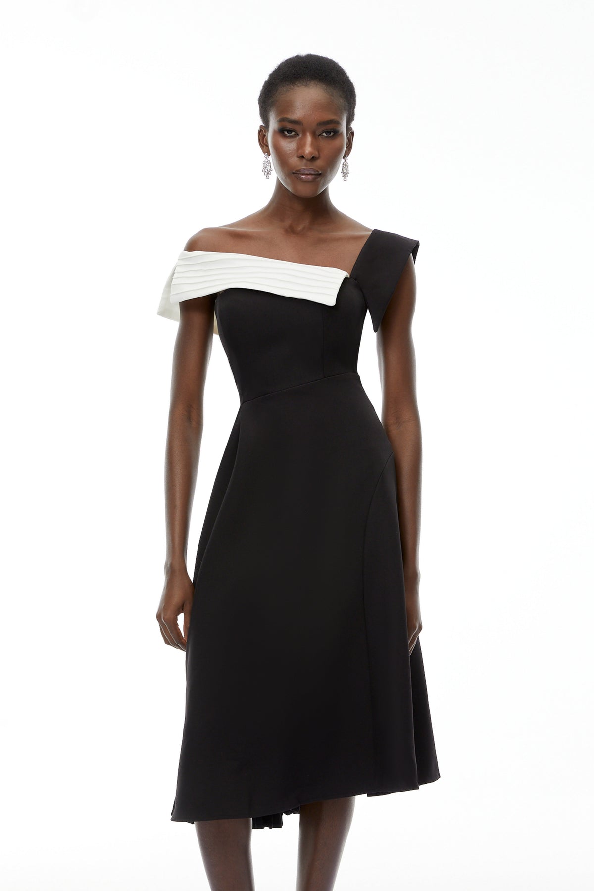 Faustine Black Asymmetrical Color Block Midi Dress