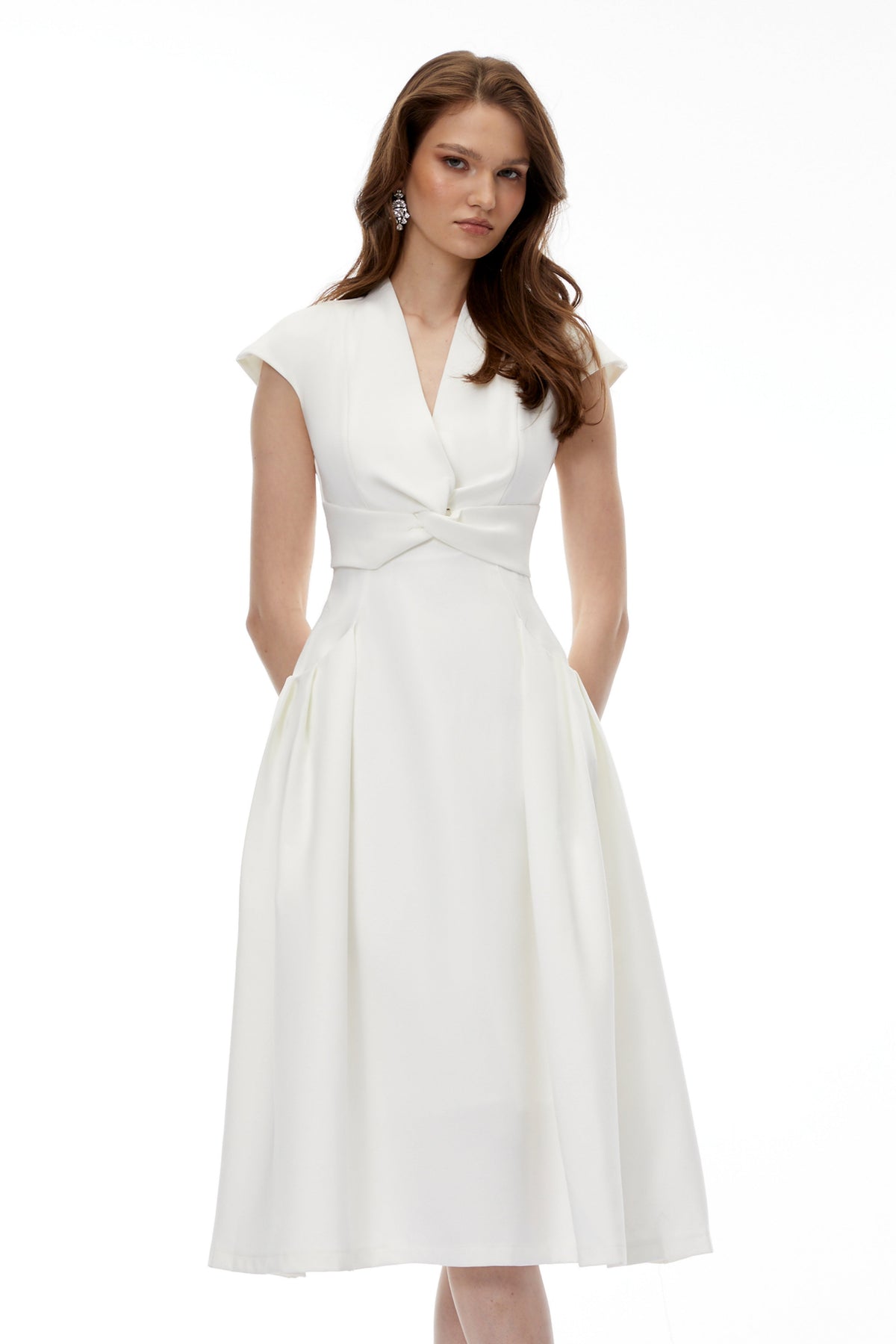 Fevronia White Sleeveless Twist Front Midi Dress