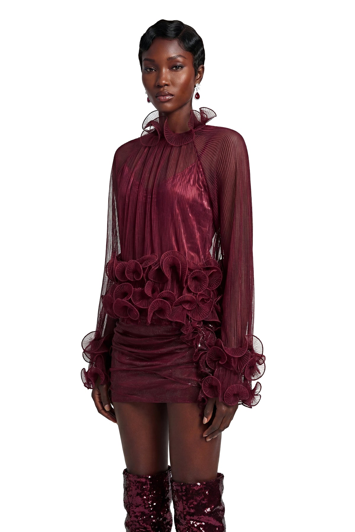 Filomena Red Chiffon Ruffled Blouse