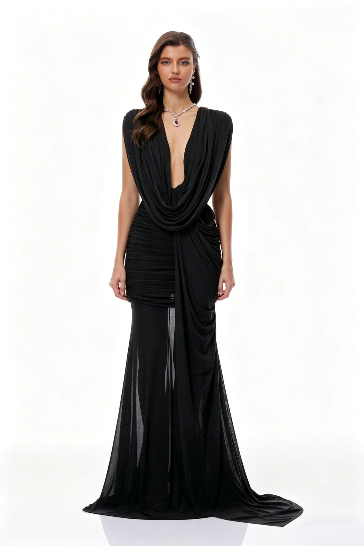 Fíona Black Asymmetrical Draped Maxi Gown