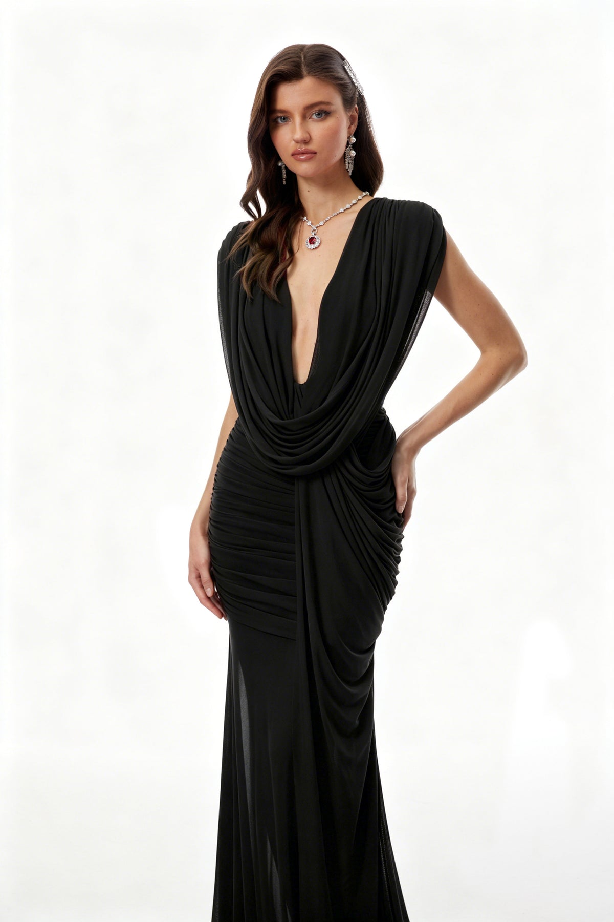 Fíona Black Asymmetrical Draped Maxi Gown