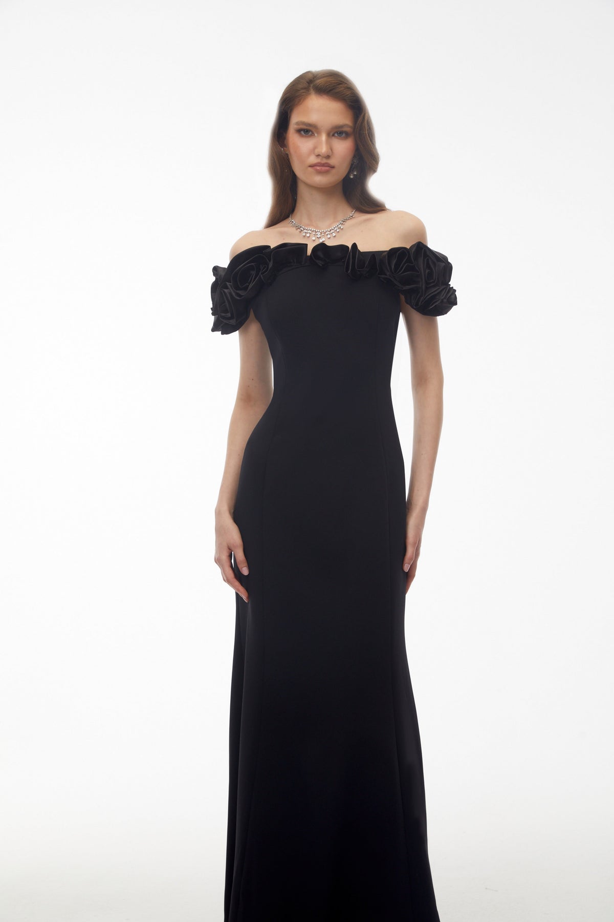 Fiorella Black Off Shoulder Maxi Dress with 3D Florals
