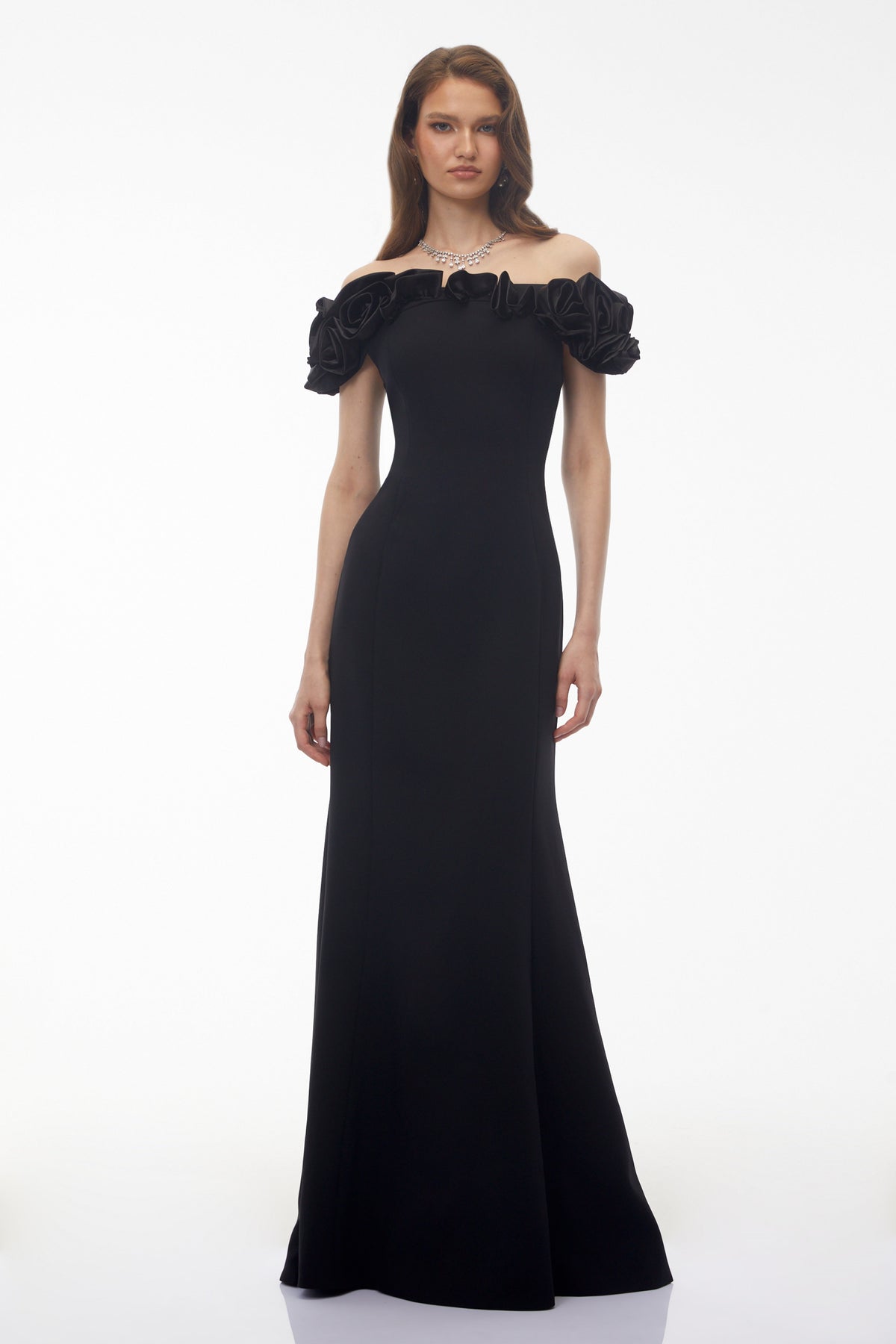Fiorella Black Off Shoulder Maxi Dress with 3D Florals (Final Sale)