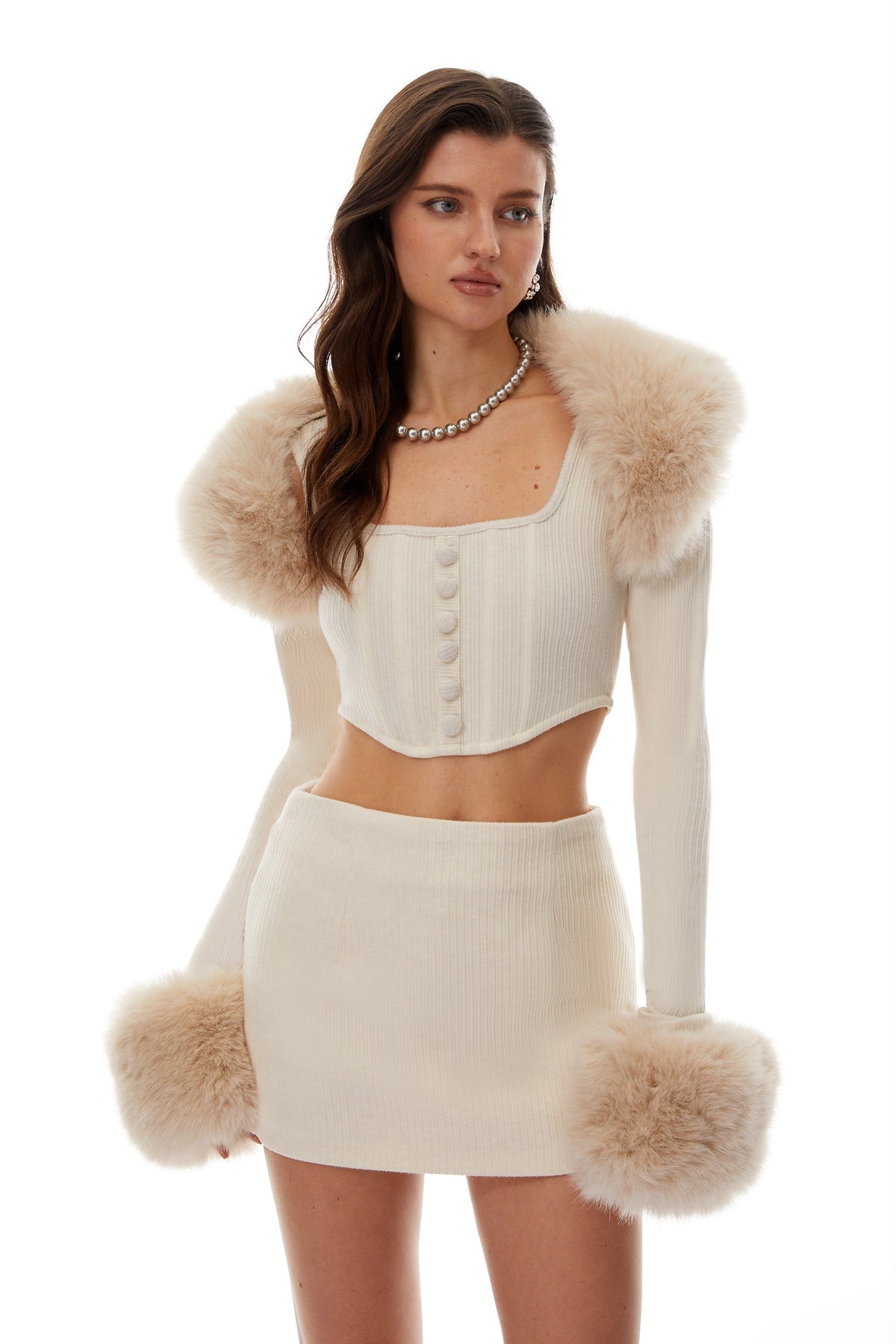 Fiorella Neutrals Fur Trim Knit Top & Skirt Set