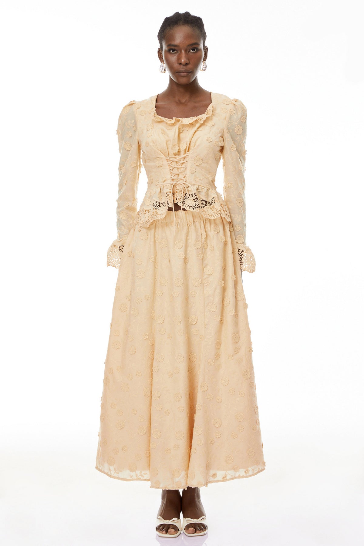 Fiorenza Neutrals Floral Lace Blouse & Skirt Set (Final Sale-US Only)