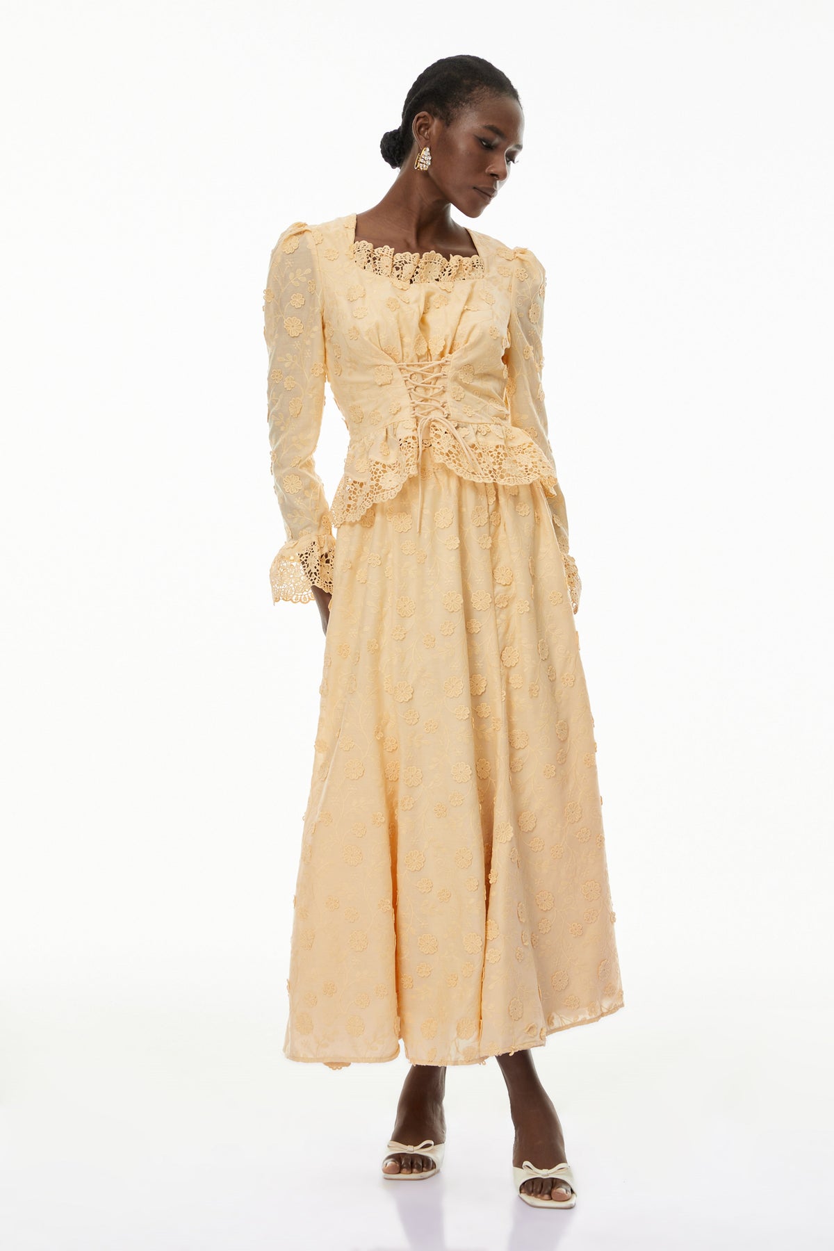 Fiorenza Neutrals Floral Lace Blouse & Skirt Set (Final Sale)