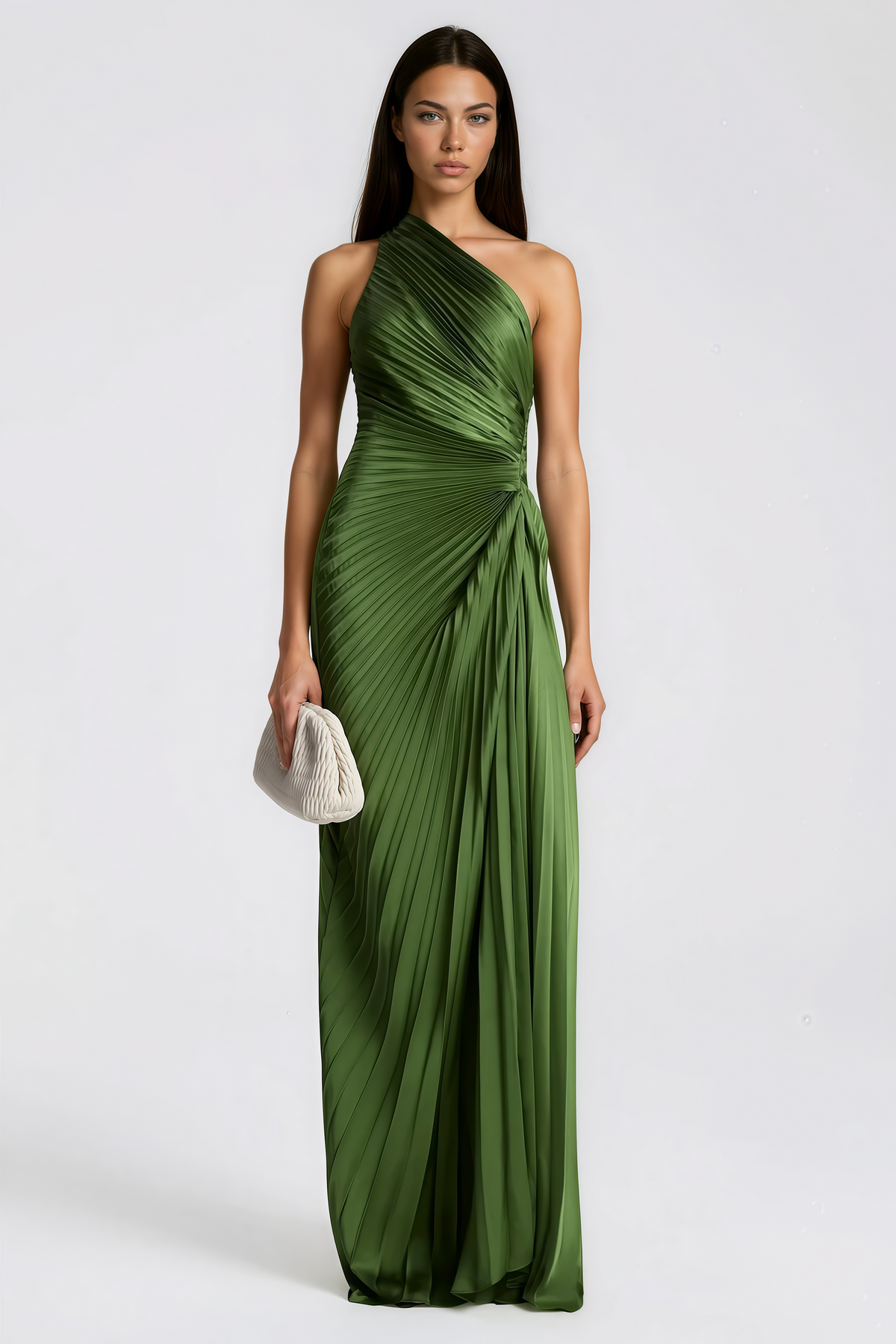 Firoozeh Emerald Green One Shoulder Pleated Maxi Dress