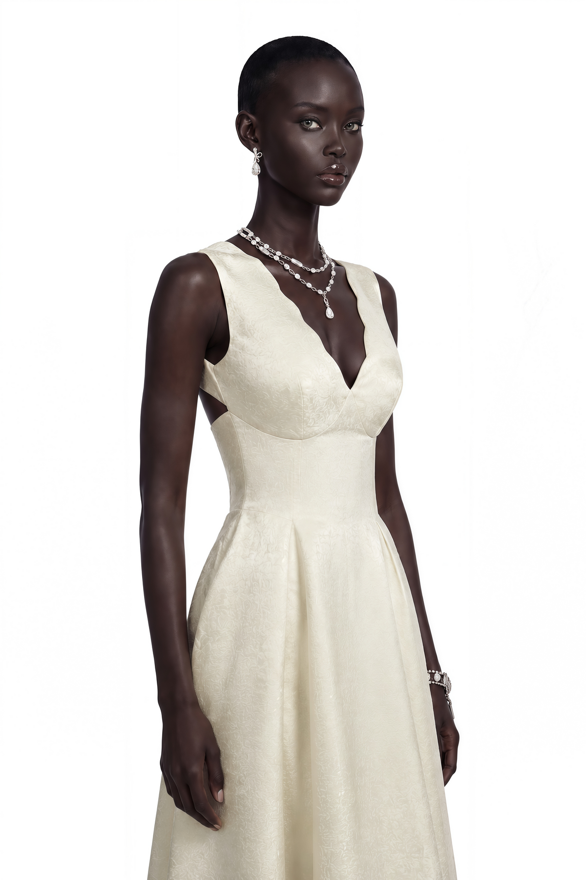 Florence Cream V-Neck Flared Satin Maxi Dress