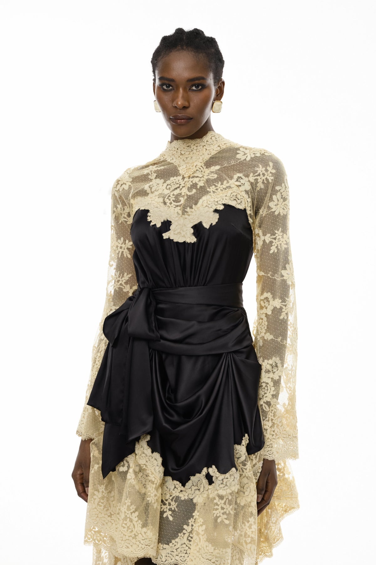 Francesca Black Self-tie Lace Midi Dress