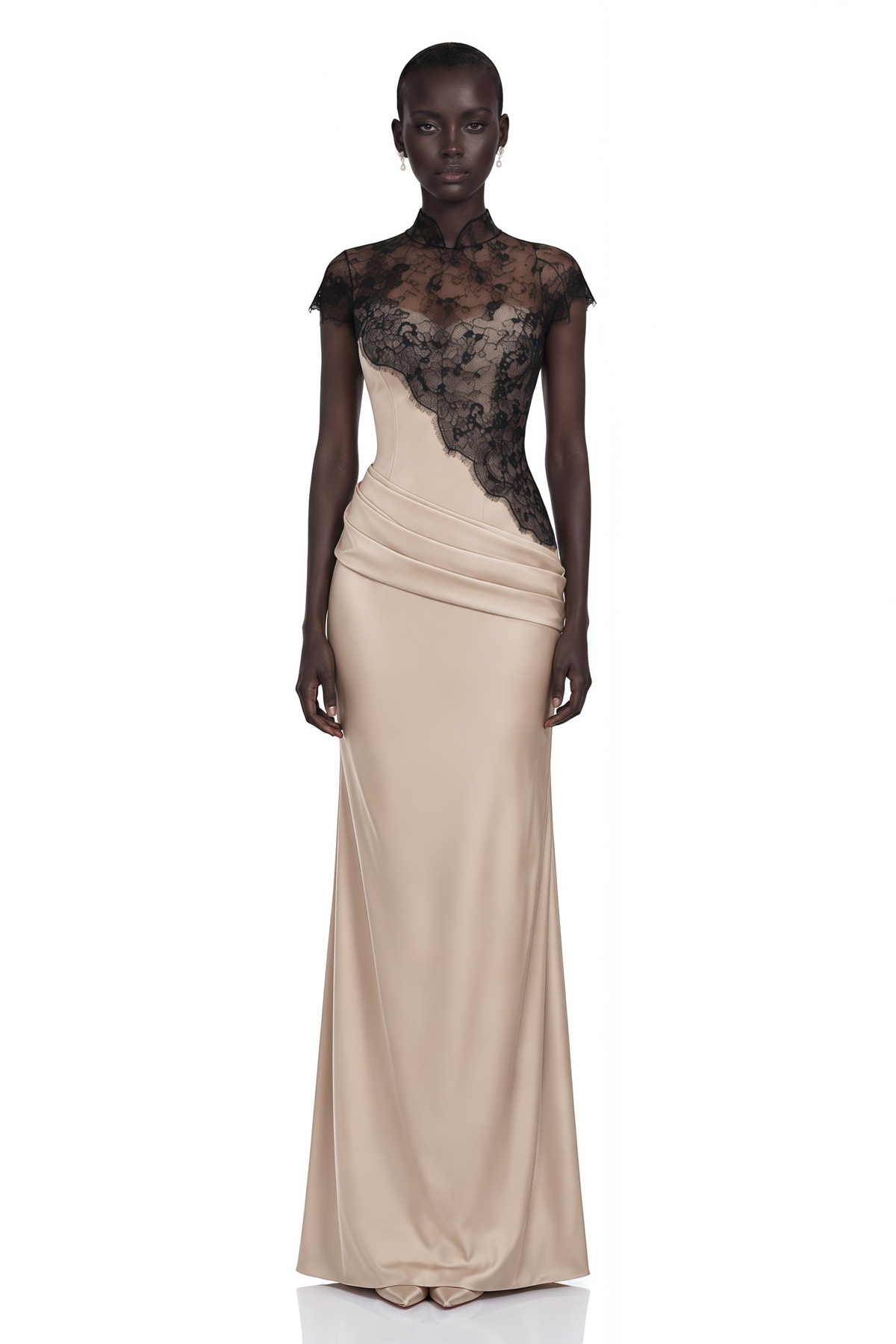 Francesca Neutral Ruched Maxi Dress & Lace Cape Set