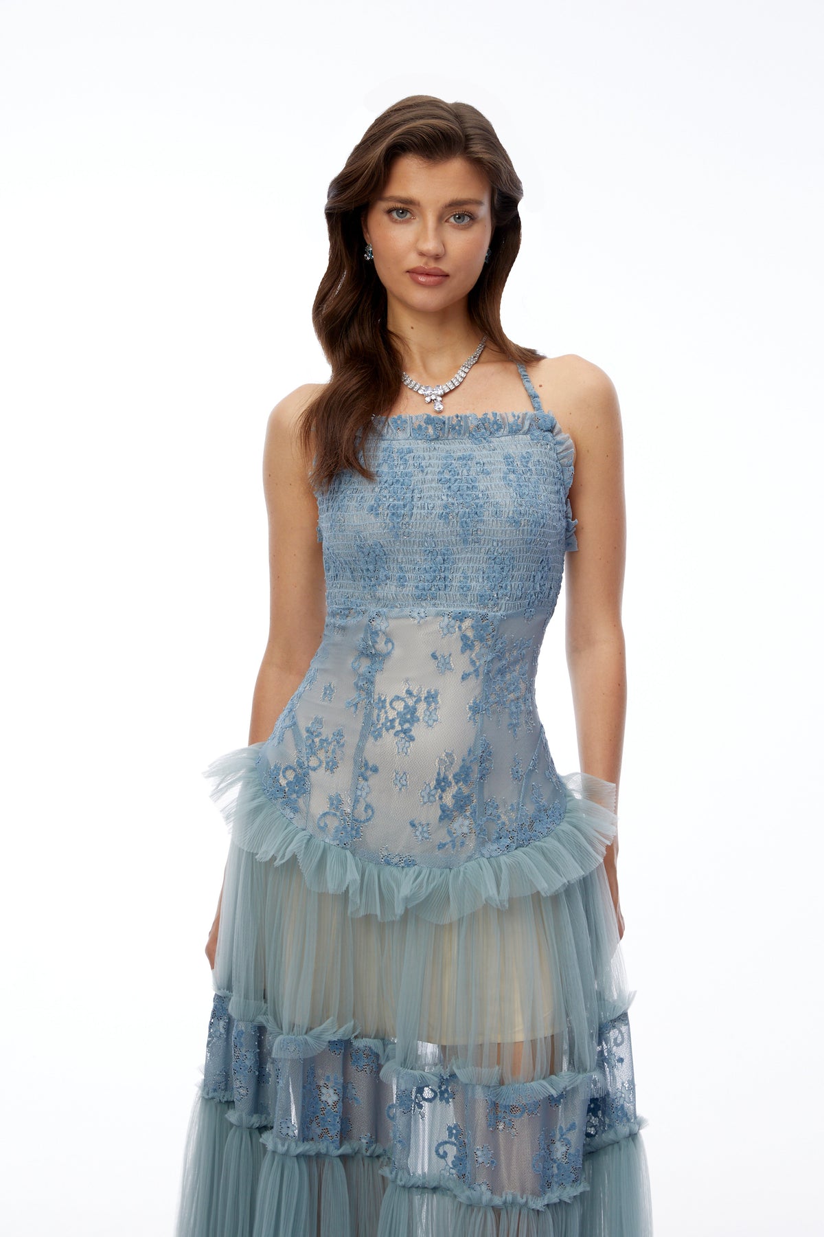 Francine Dusty Blue Floral Lace Tiered Maxi Dress