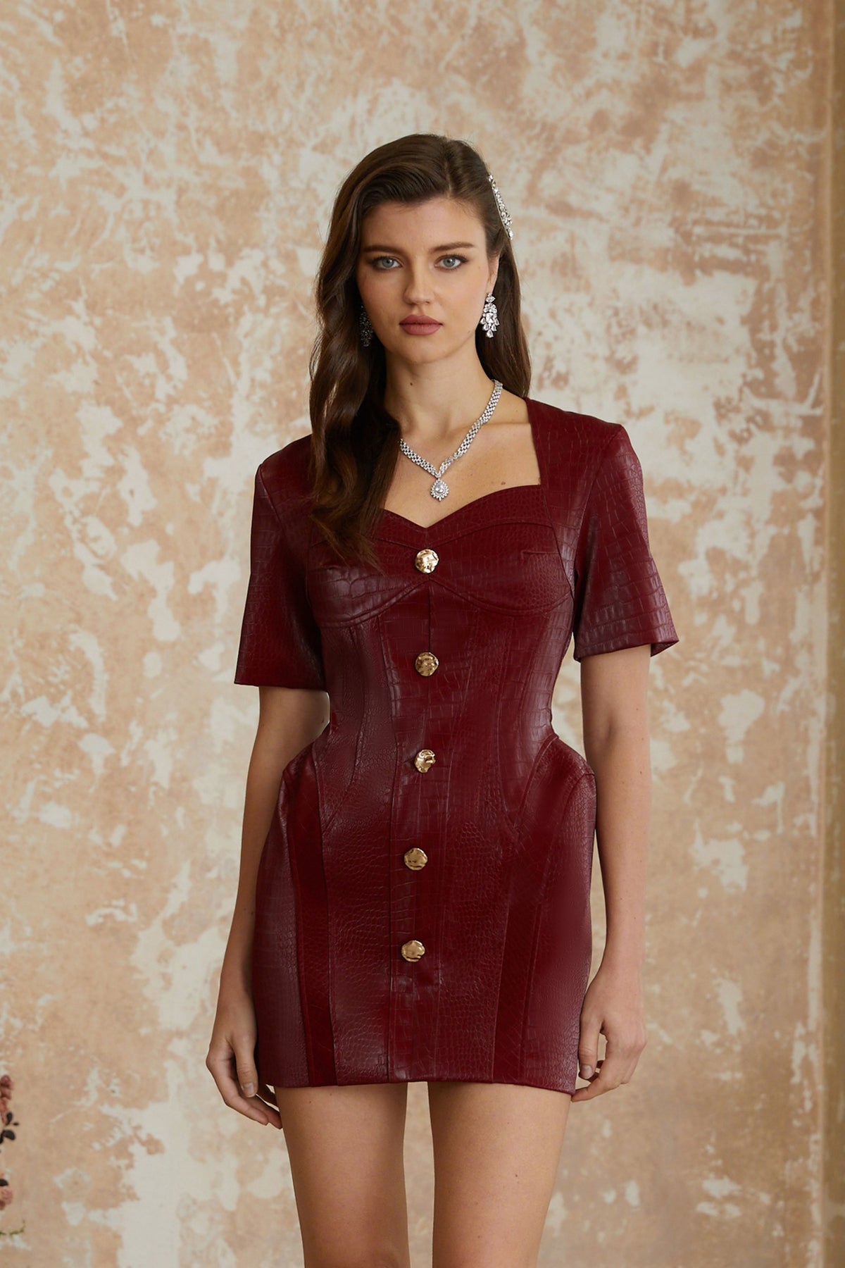Frankie Red Leather Mini Dress with Decorative Buttons (Final Sale-US Only)