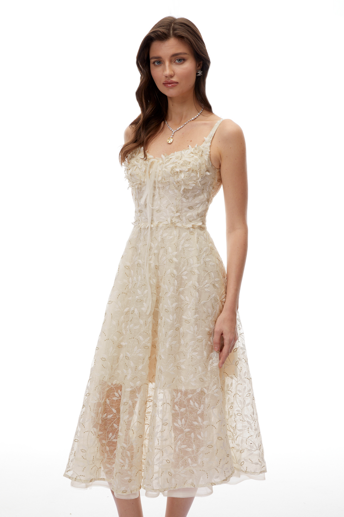Gabriella Champagne Tulle Maxi Dress with 3D Petals