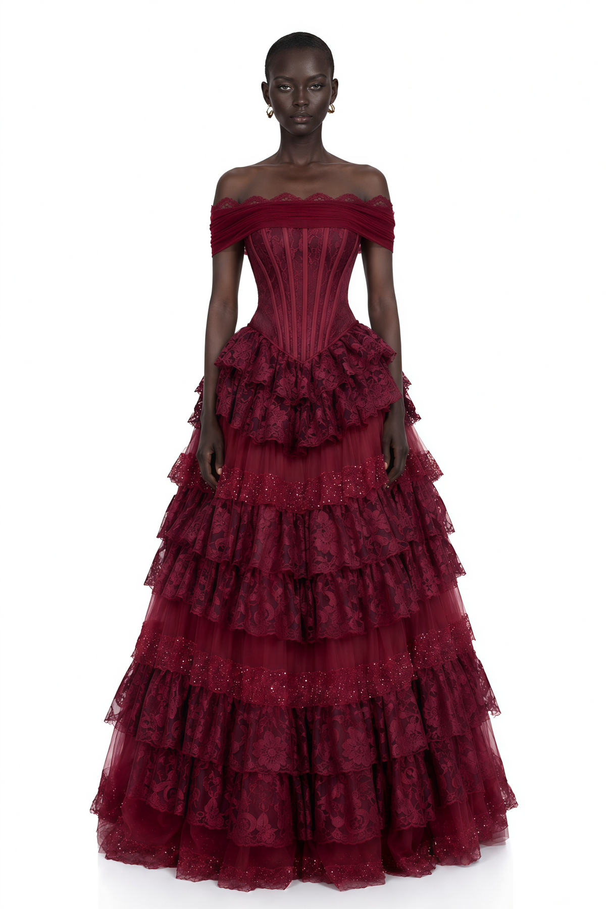 Gabrielle Burgundy Floral Lace Tiered Maxi Dress