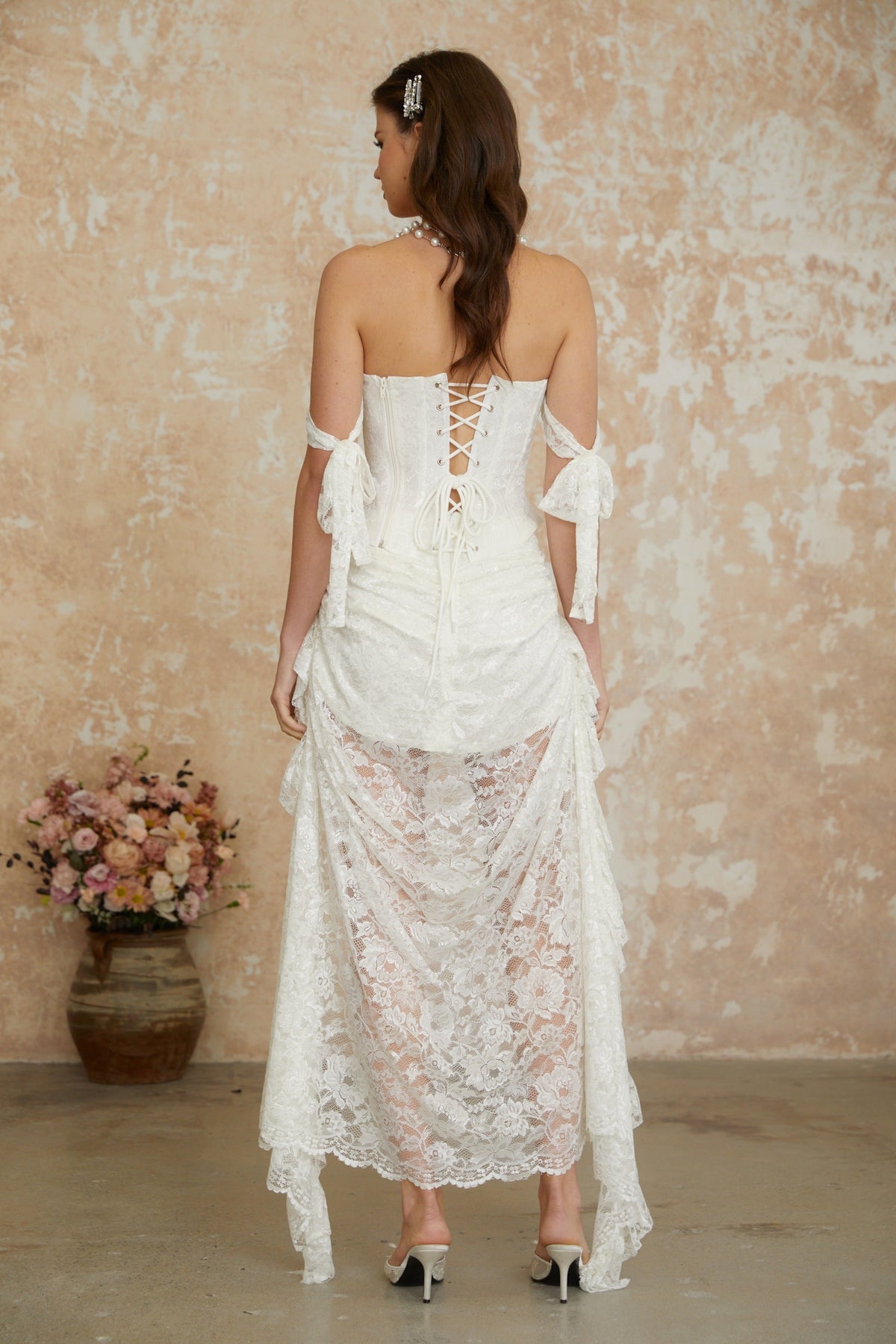 Garance White Pearl Floral Lace Top & Skirt Set