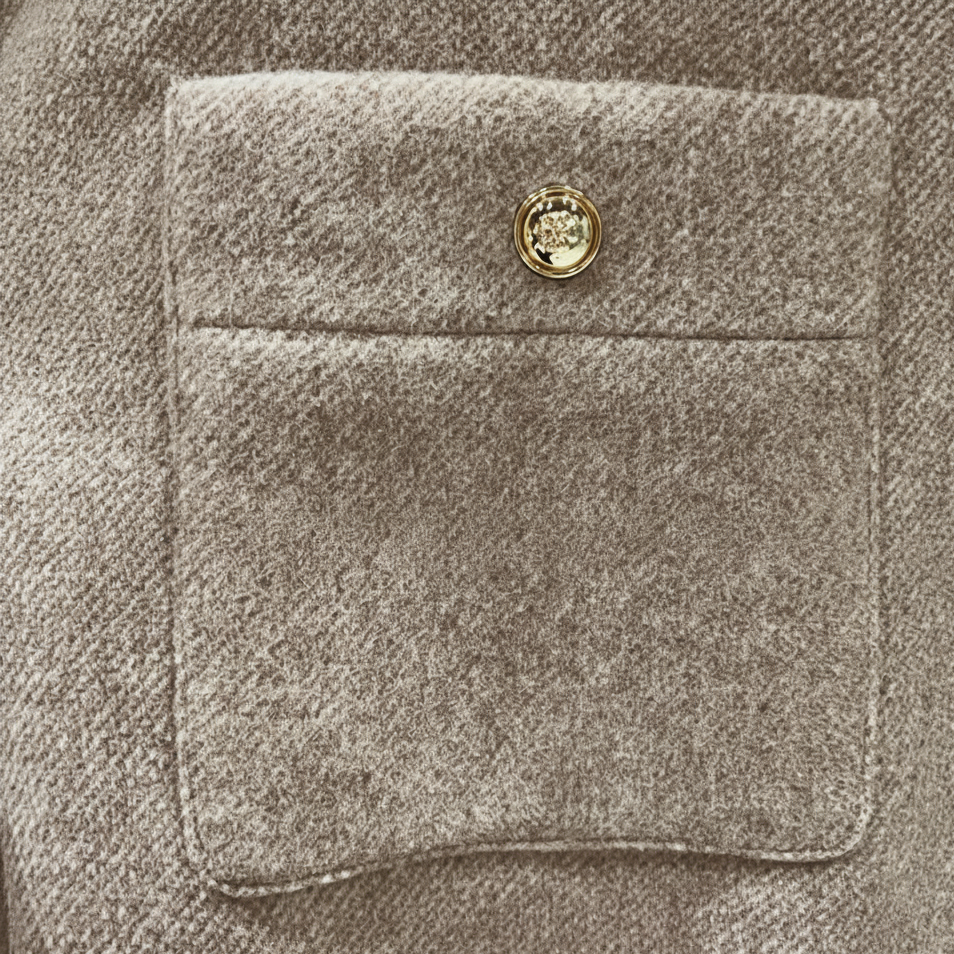 MADDY VIVIENNE BEIGE MIXED WOOL OVERSIZED JACKET WITH HIGH COLLAR AND GOLD BUTTONED FINISHES - BEIGE