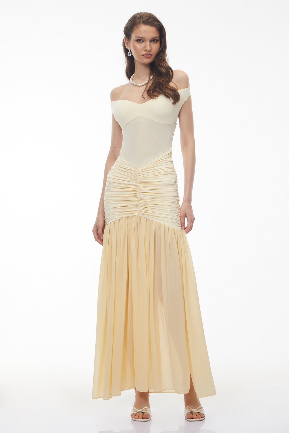 Geneviève Yellow Off Shoulder Ruched Maxi Dress (Final Sale-US Only)