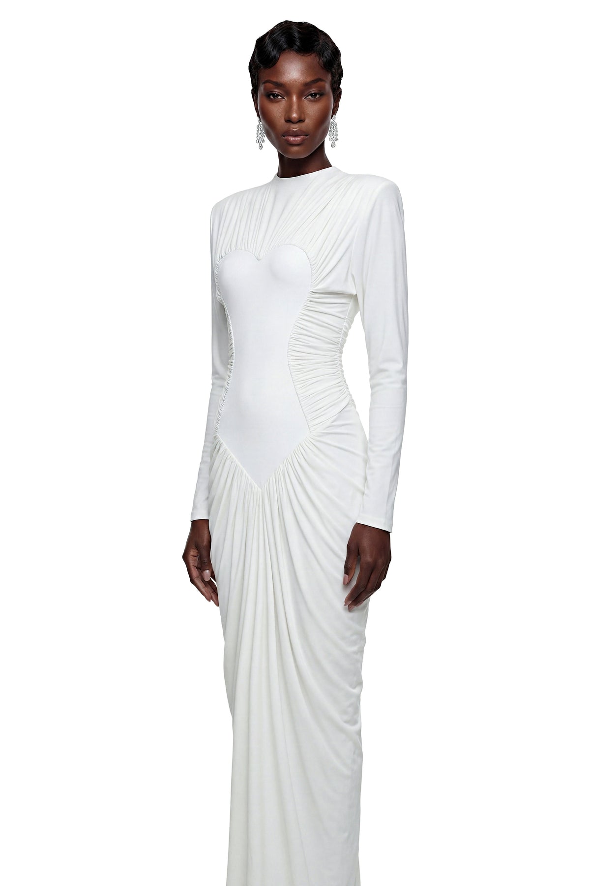 Genevra White Crystal Embellished Ruched Maxi Dress