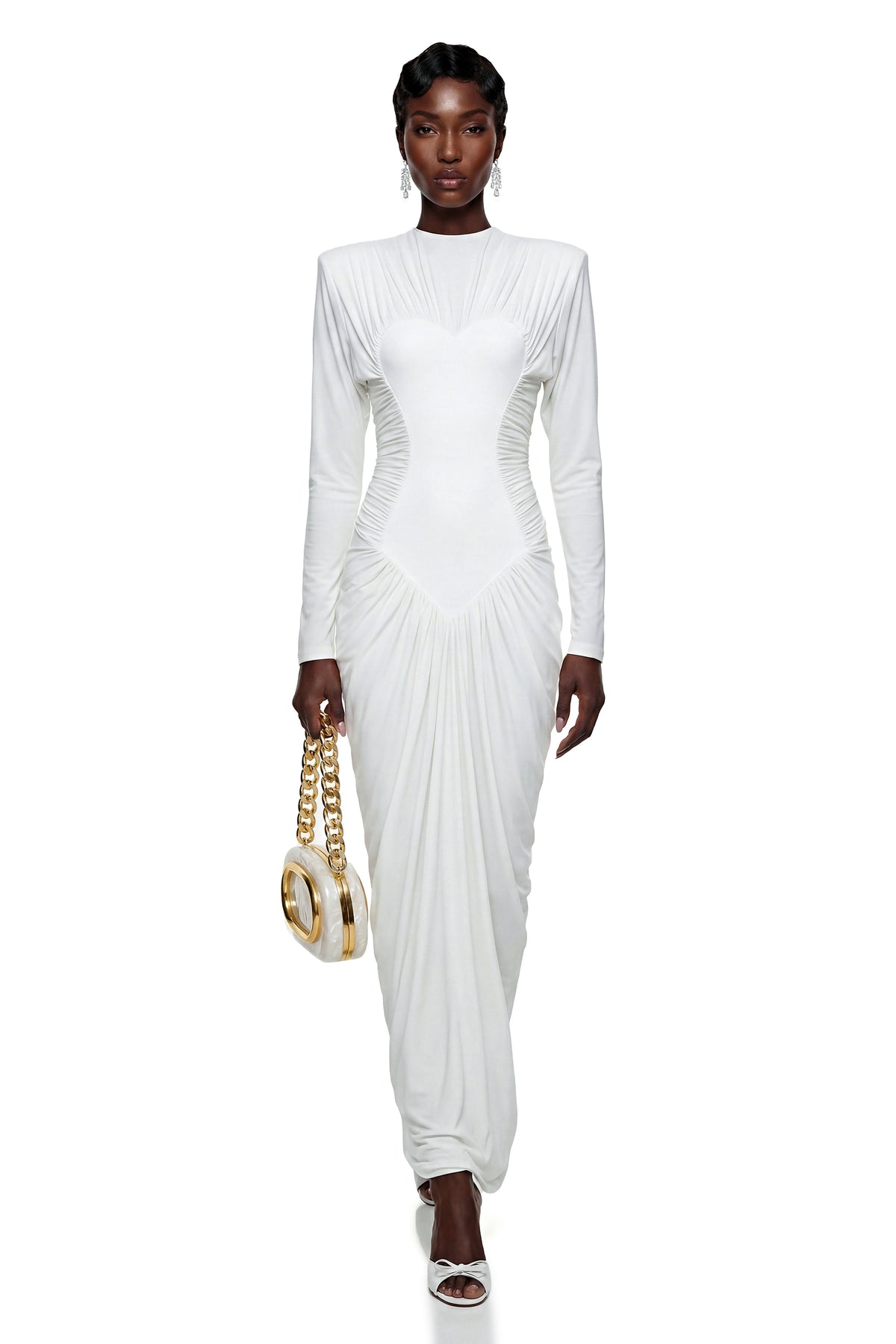 Genevra White Crystal Embellished Ruched Maxi Dress