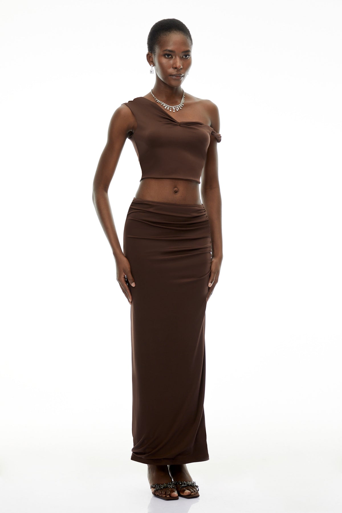 Gina Chocolate Brown One Shoulder Top & Skirt Set