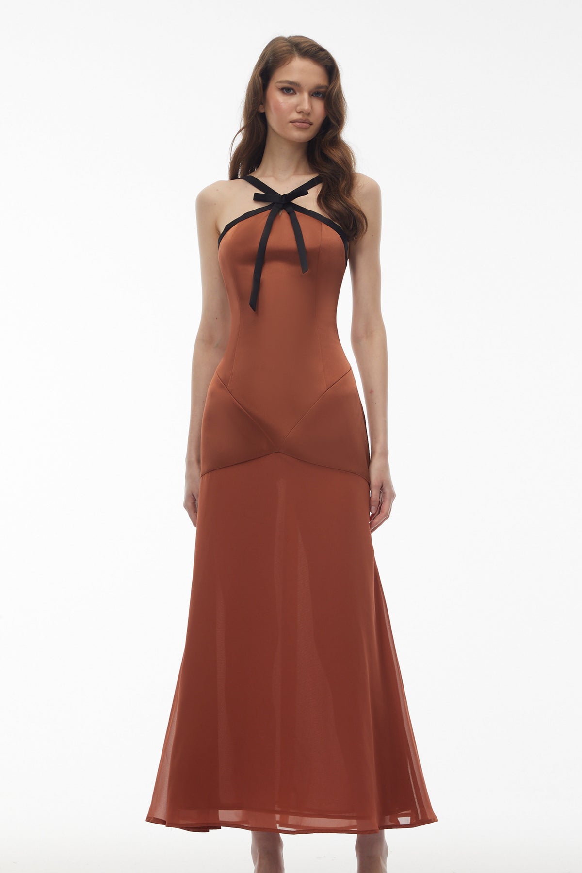 Ginevra Brown Halterneck Maxi Dress with Bow (Final Sale)