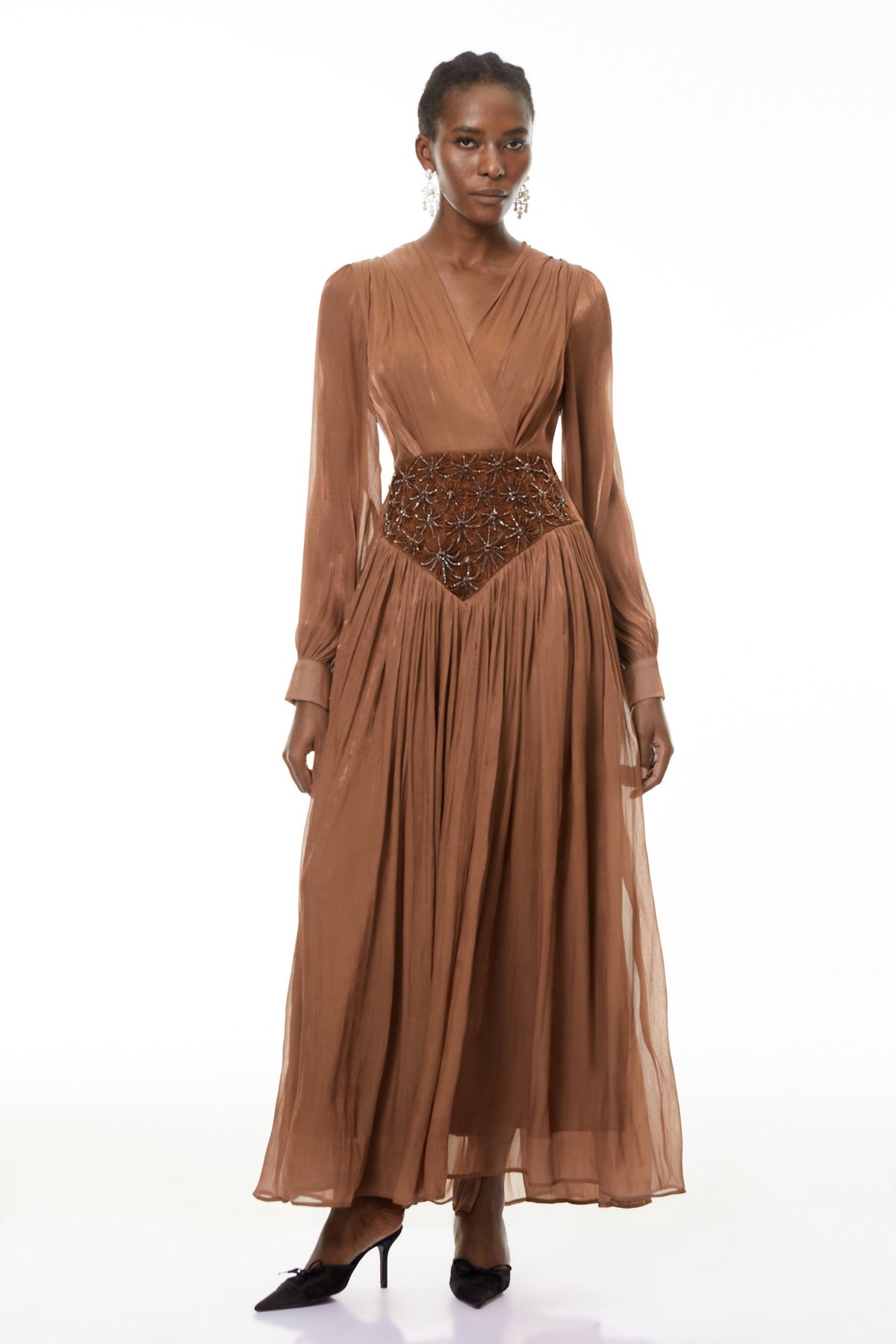 Gisela Brown Embroidered Ruched Maxi Dress (Final Sale-US Only)