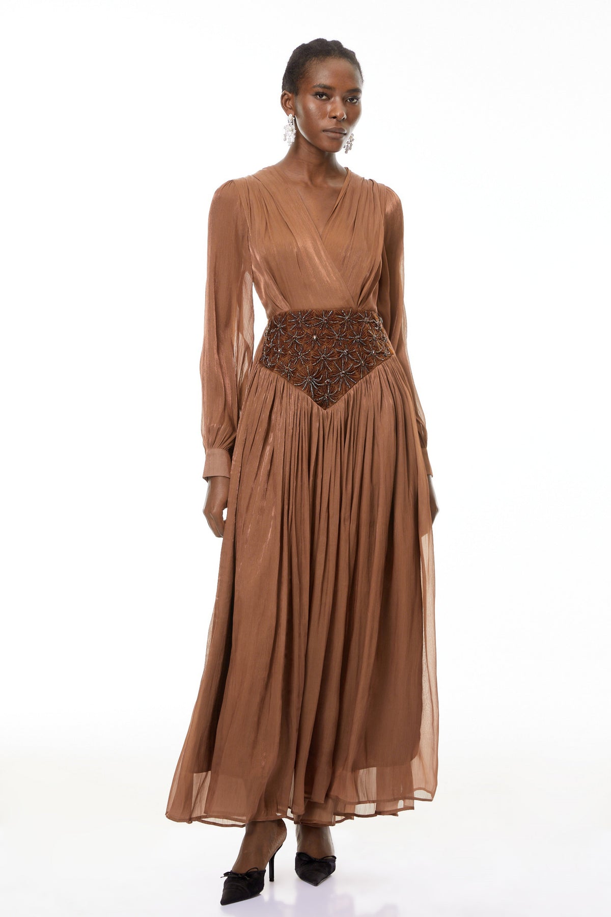 Gisela Brown Embroidered Ruched Maxi Dress (Final Sale-US Only)