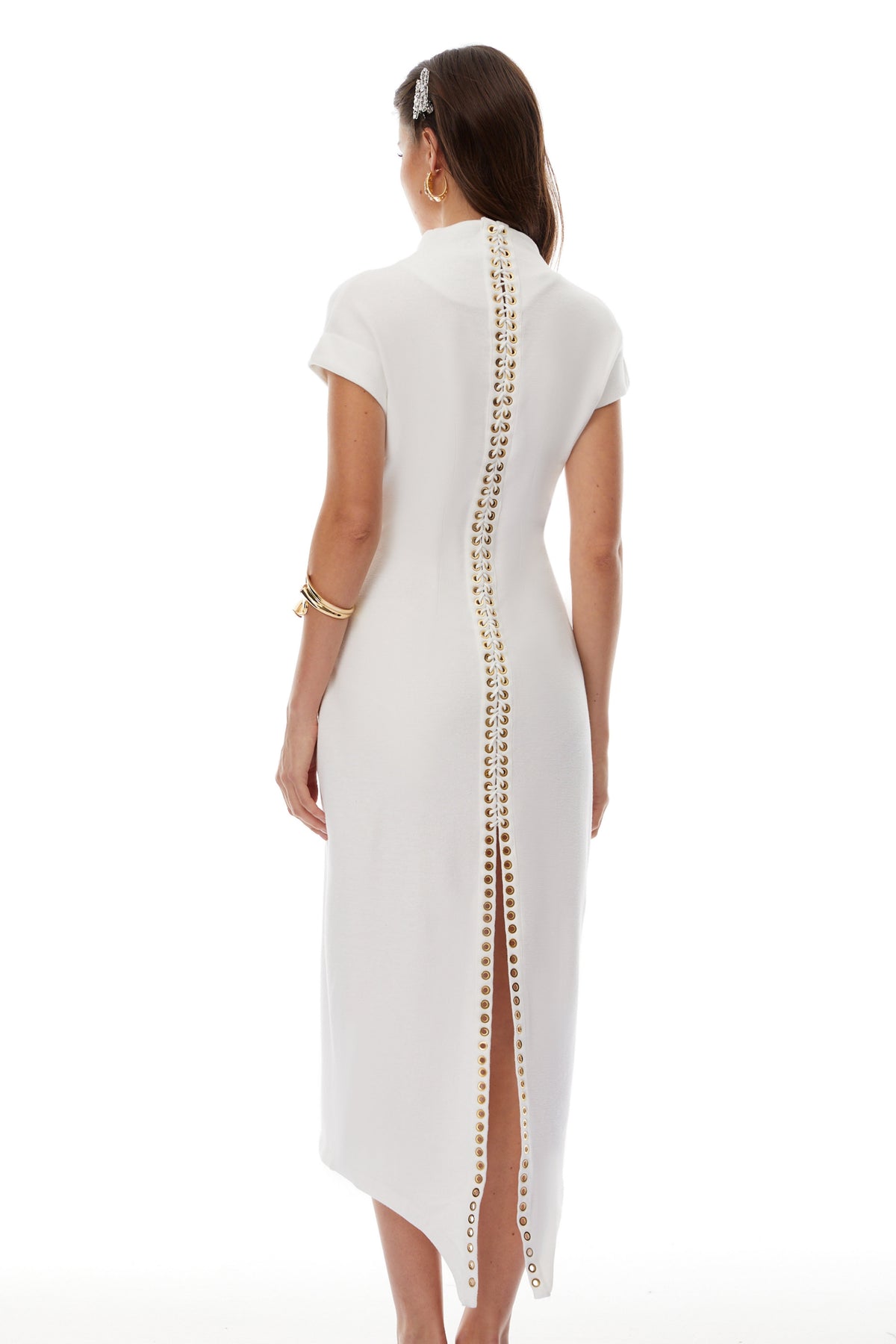 Gisela White Deep V-Neck Self-Tie Midi Dress