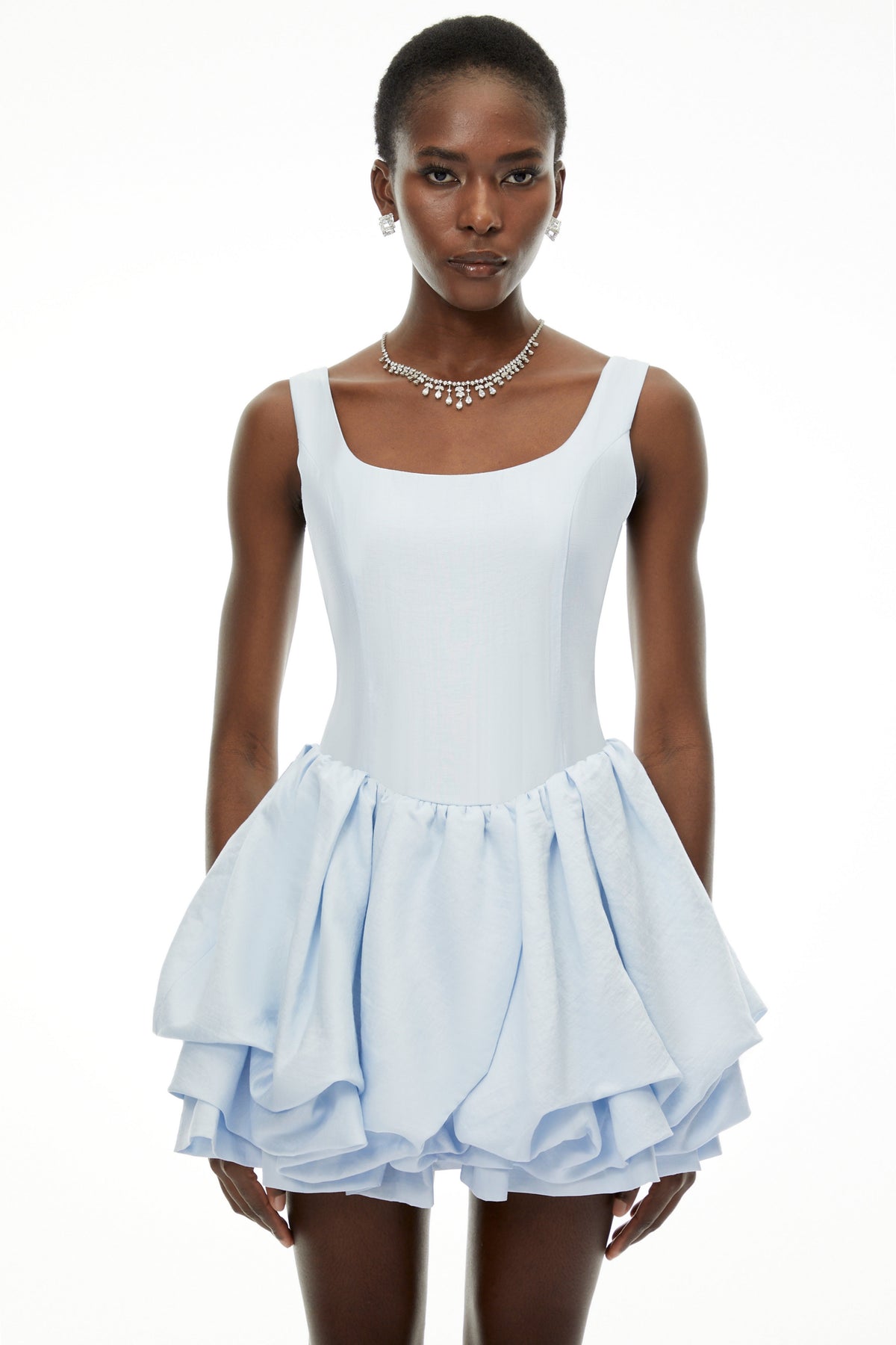 Giselle Dusty Blue Square Neck Tiered Mini Dress