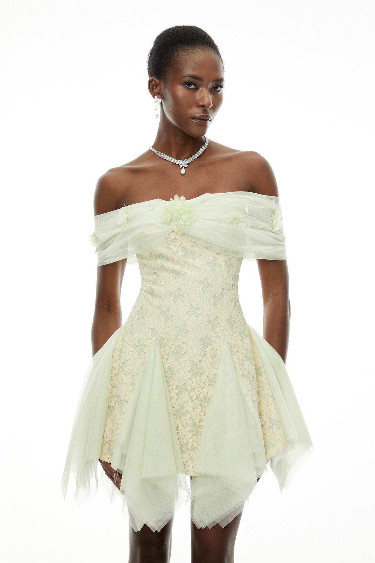 Giselle Green Off Shoulder Butterfly Print Mini Dress