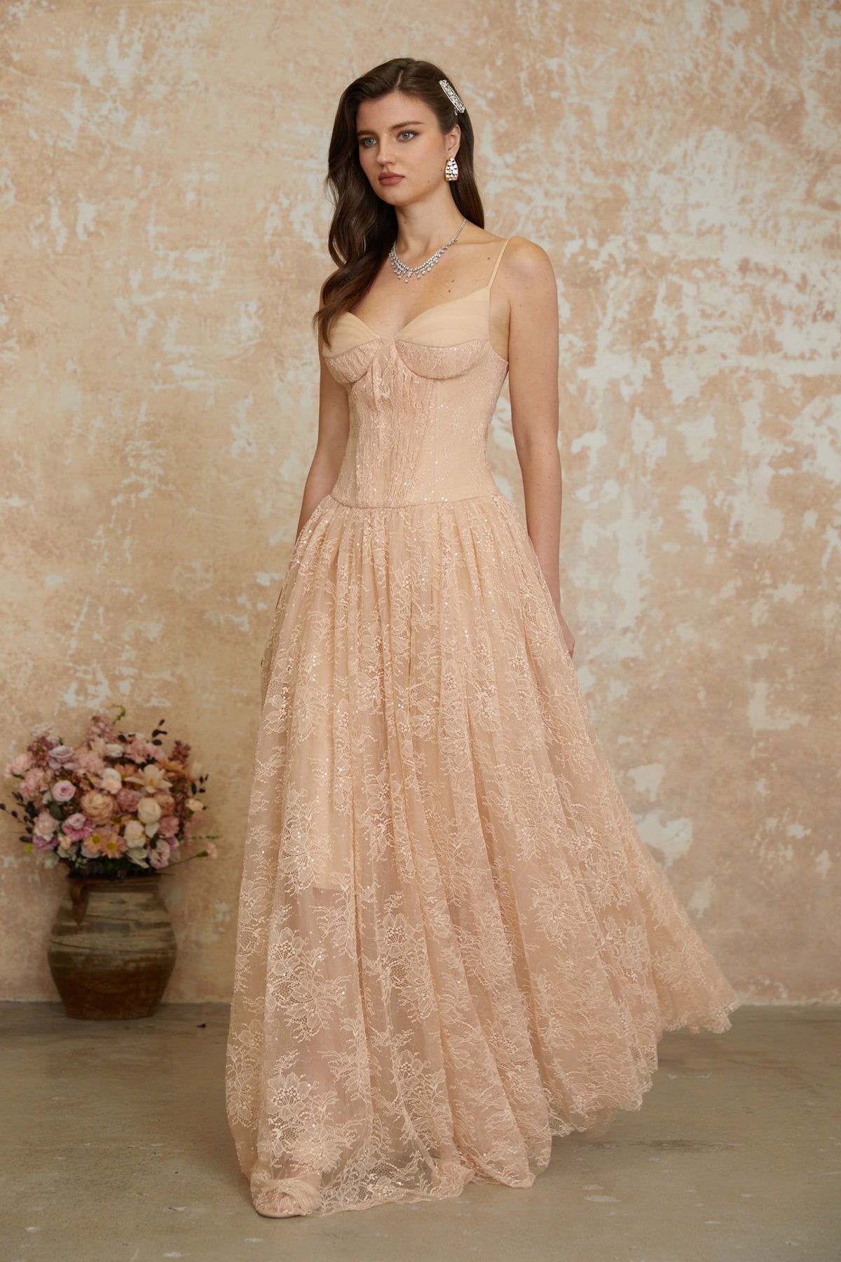 Giuseppina Neutral Pleated Lace Maxi Dress