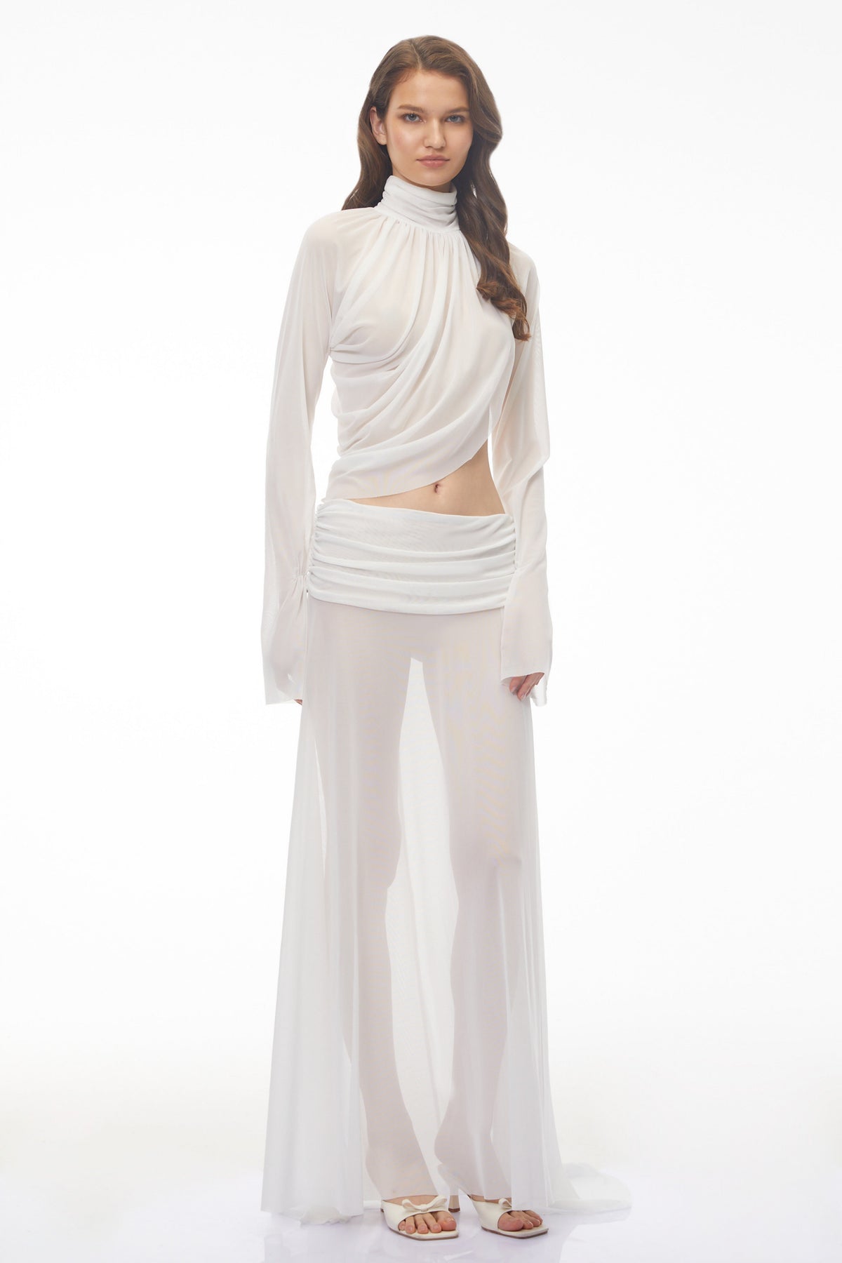 Giuseppina White High Neck Cut-Out Top & Skirt Set