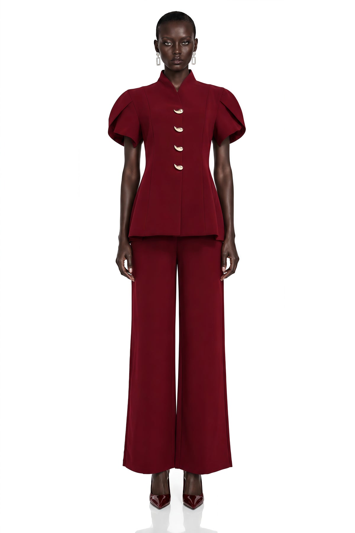 Gloria Red Puff Sleeves Blouse & Trousers Set