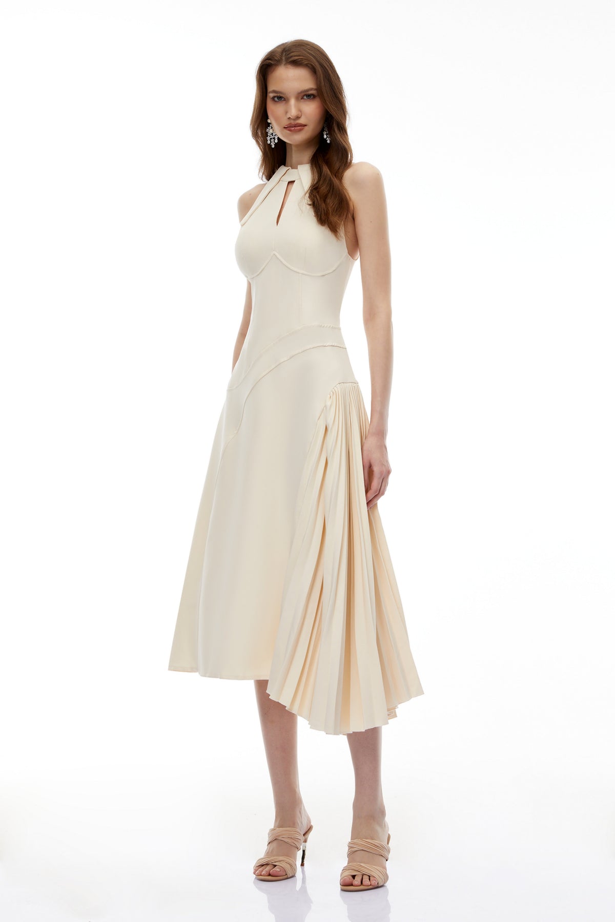 Griselda Neutral Halterneck Ruched Midi Dress (Final Sale-US Only)