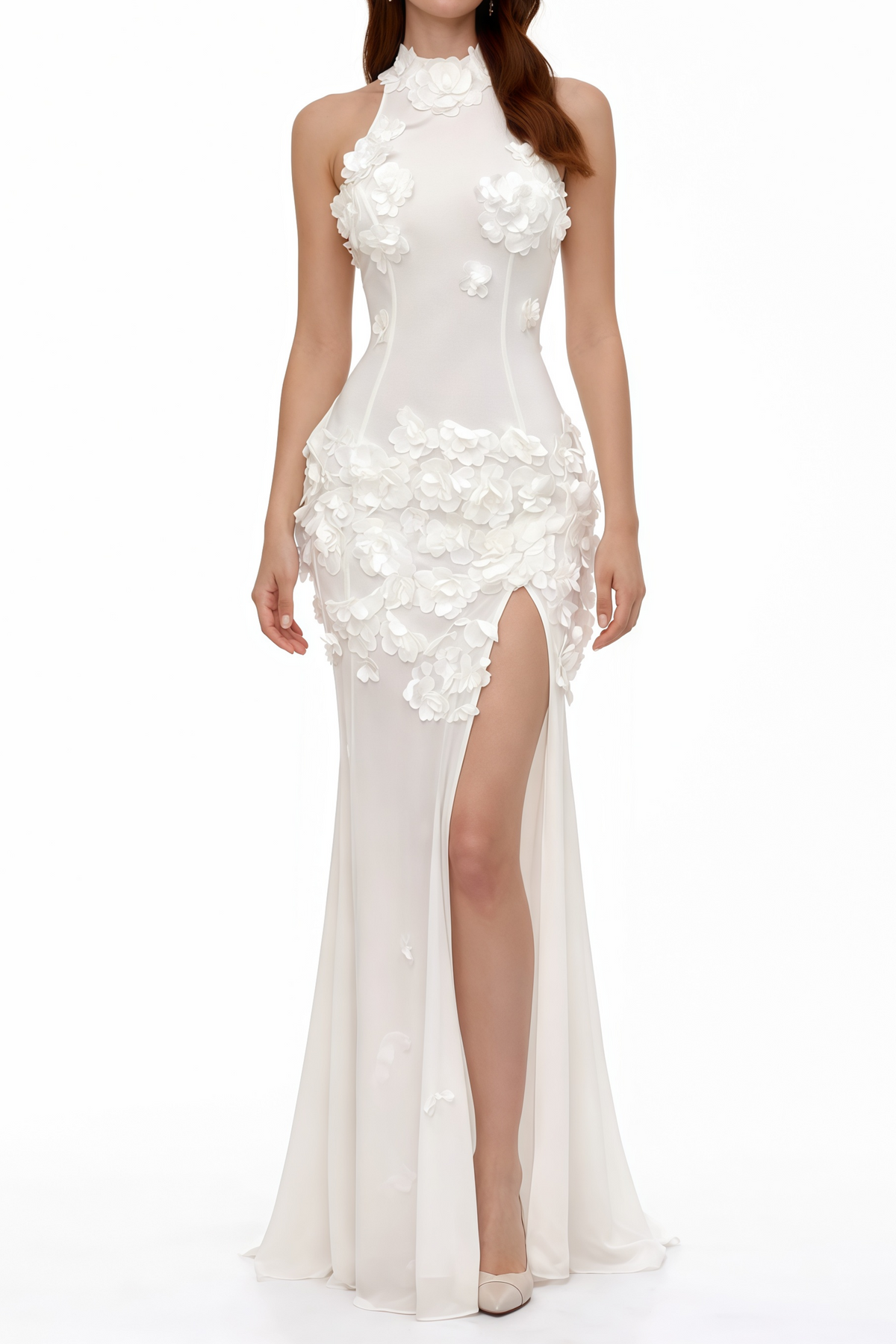 Guinevere White Halterneck Maxi Dress with 3D Florals
