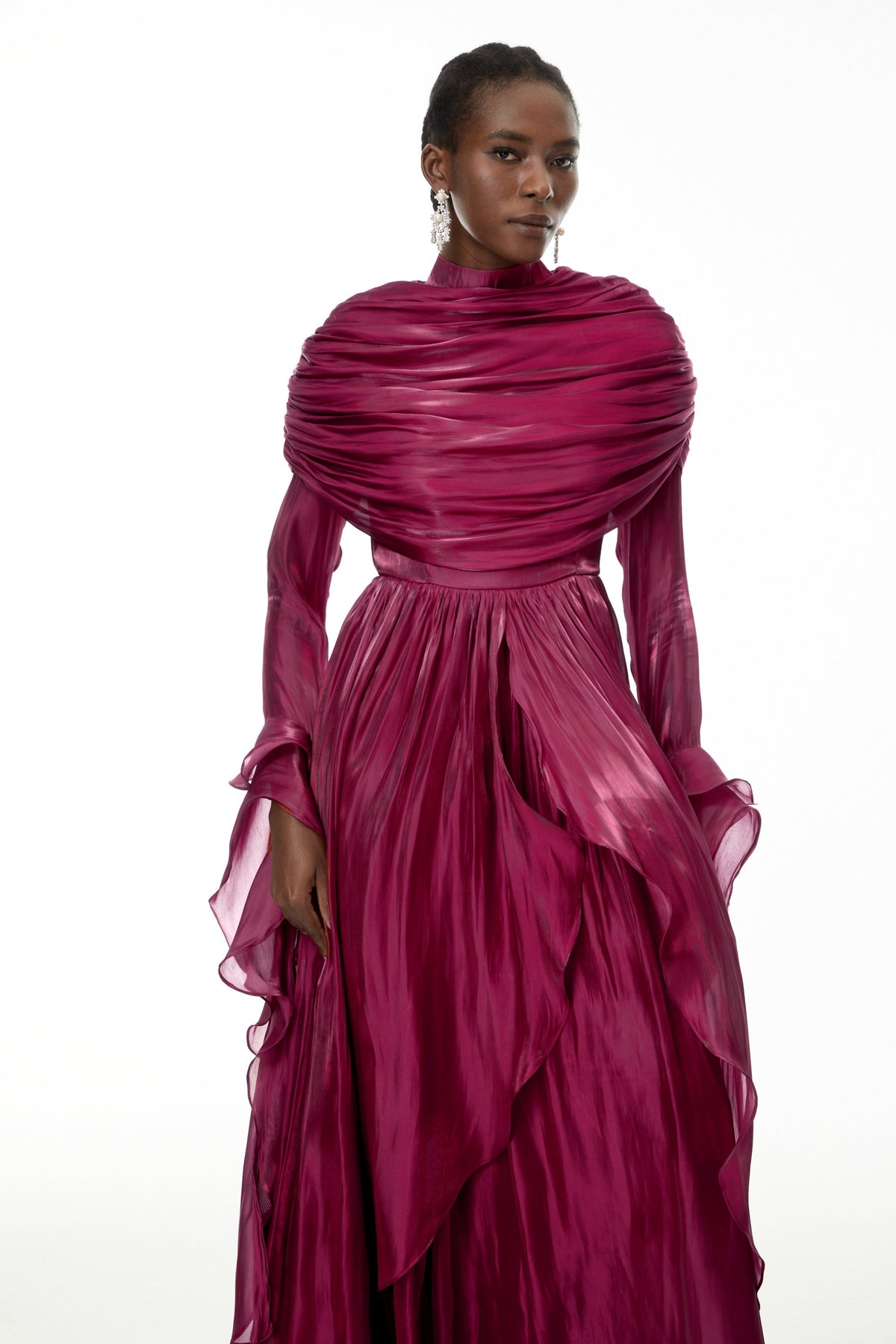 Gustave Burgundy Ruched Cape Ruffled Maxi Dress