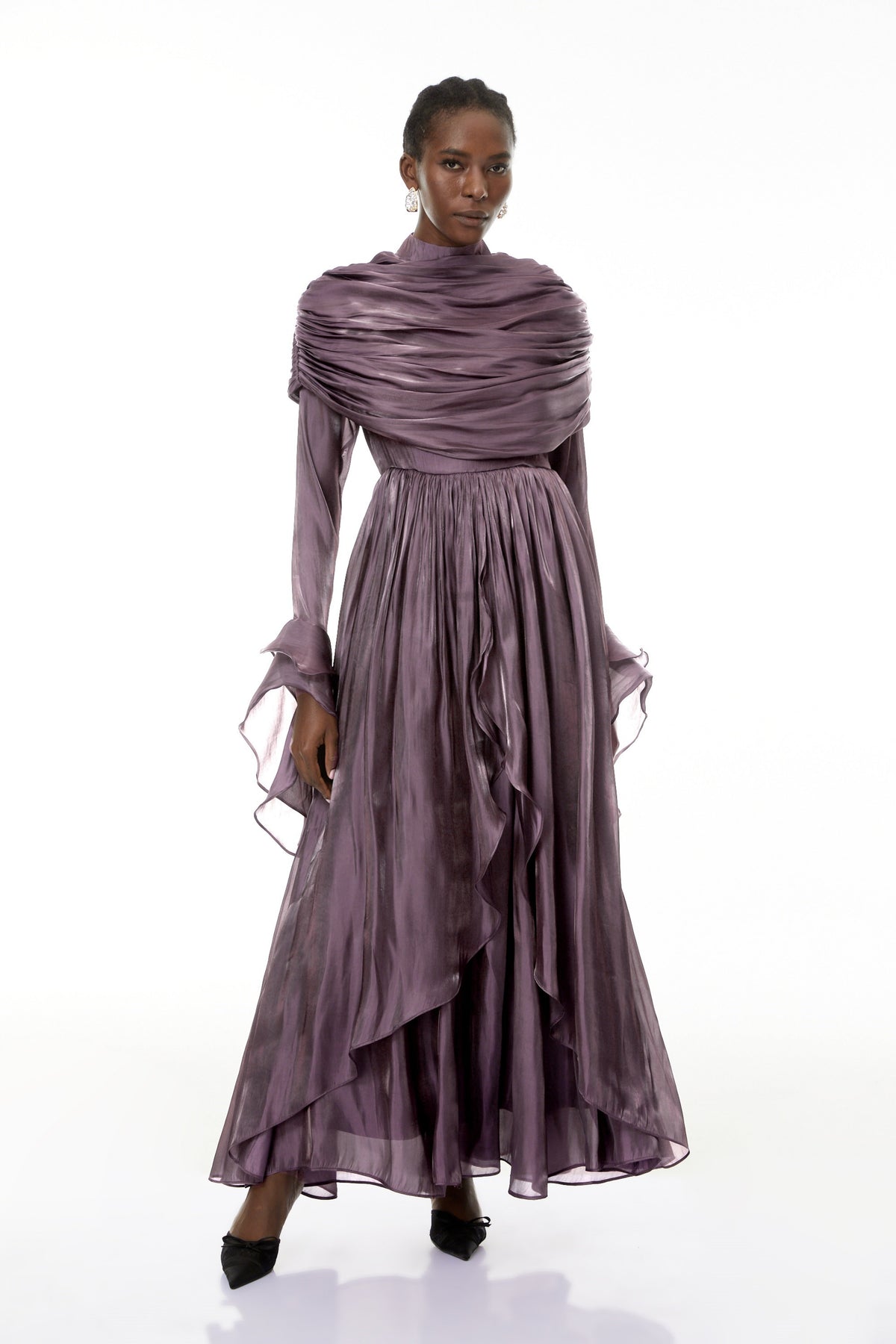 Gustave Purple Ruched Cape Ruffled Maxi Dress (Final Sale)