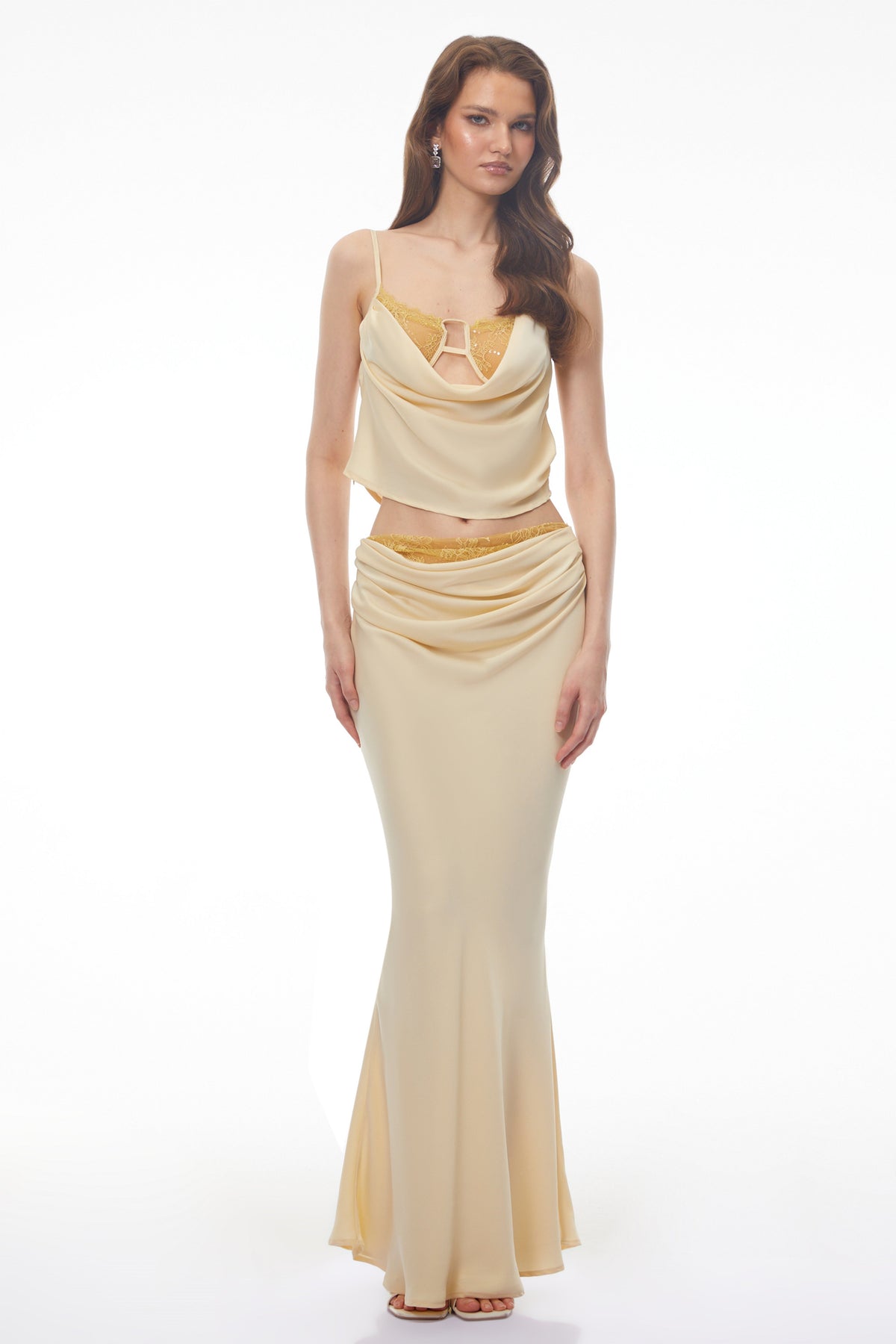 Gwendolyn Yellow Ruched Top & High Waisted Skirt Set