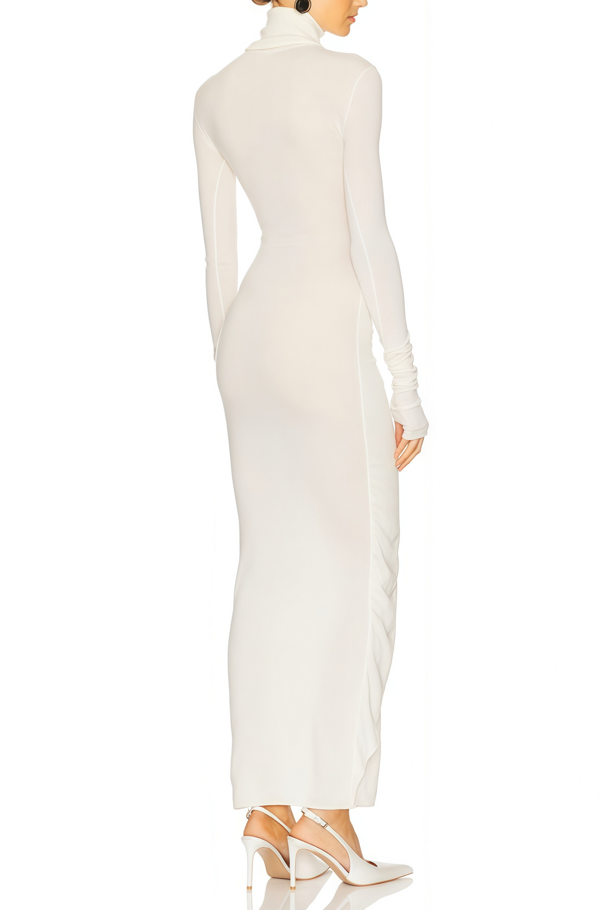 Impériale White Ruched Turtleneck Maxi Dress