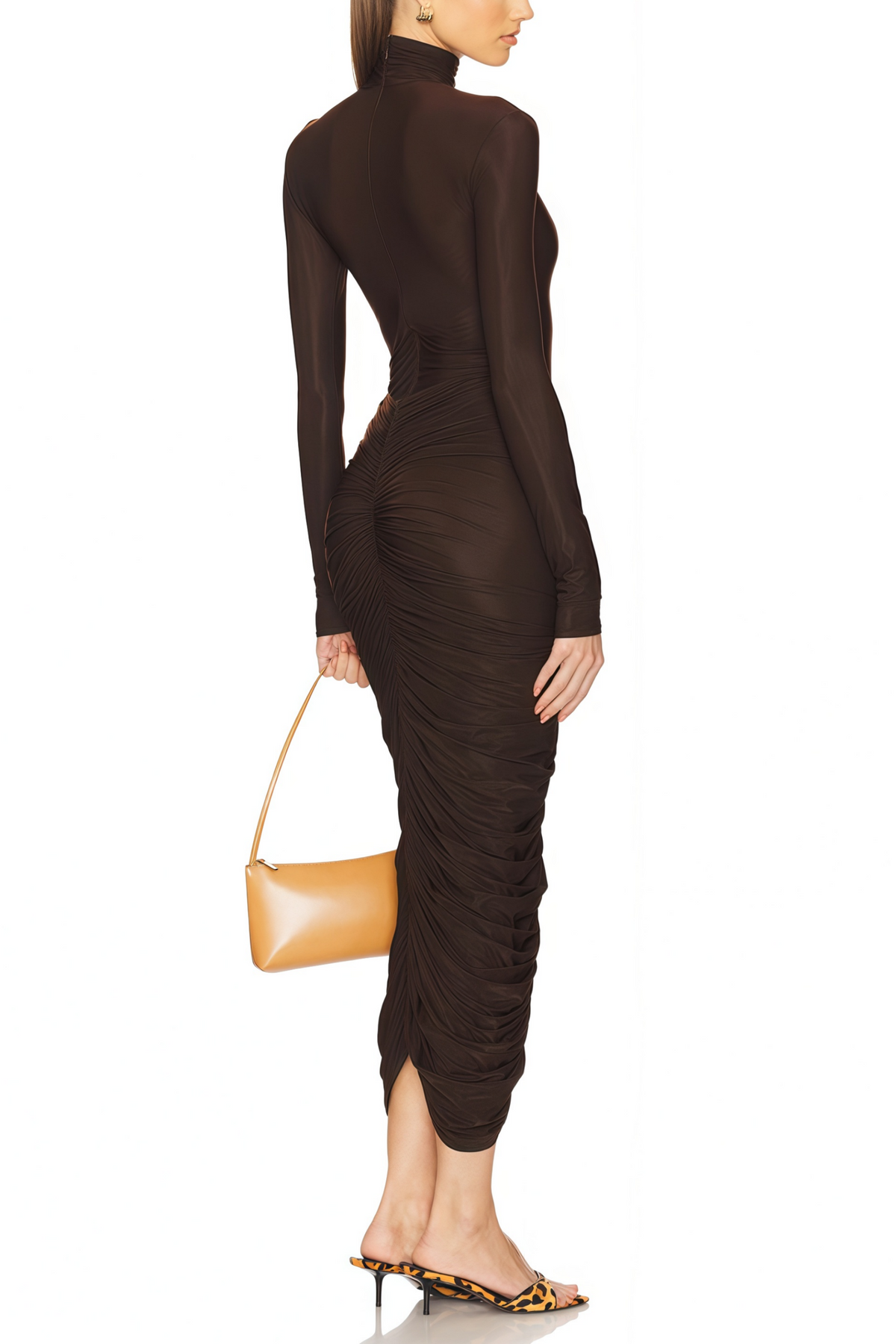 Charitina Brown Fitted Ruched Midi Dress