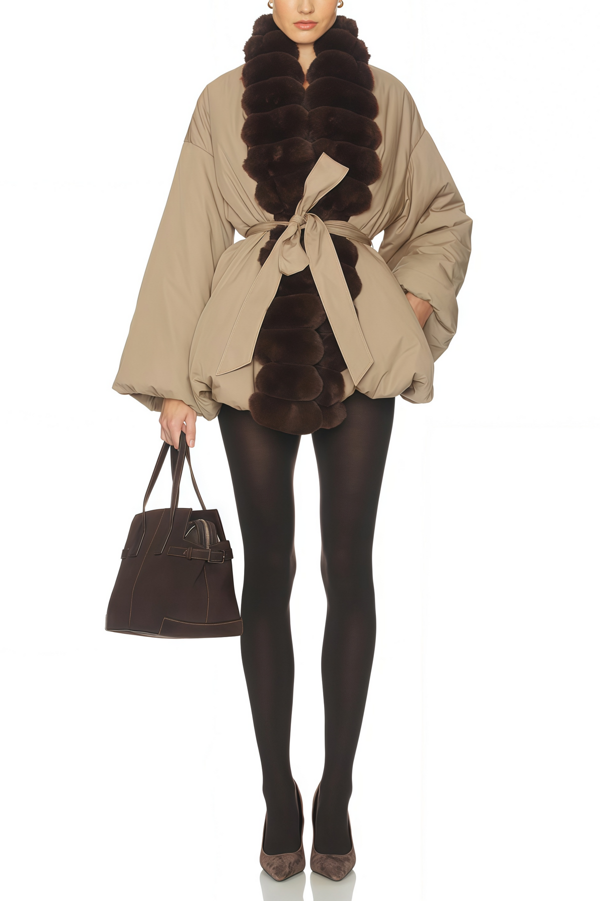 Ileana Khaki Fur Trim Bubble Down Jacket (Final Sale)