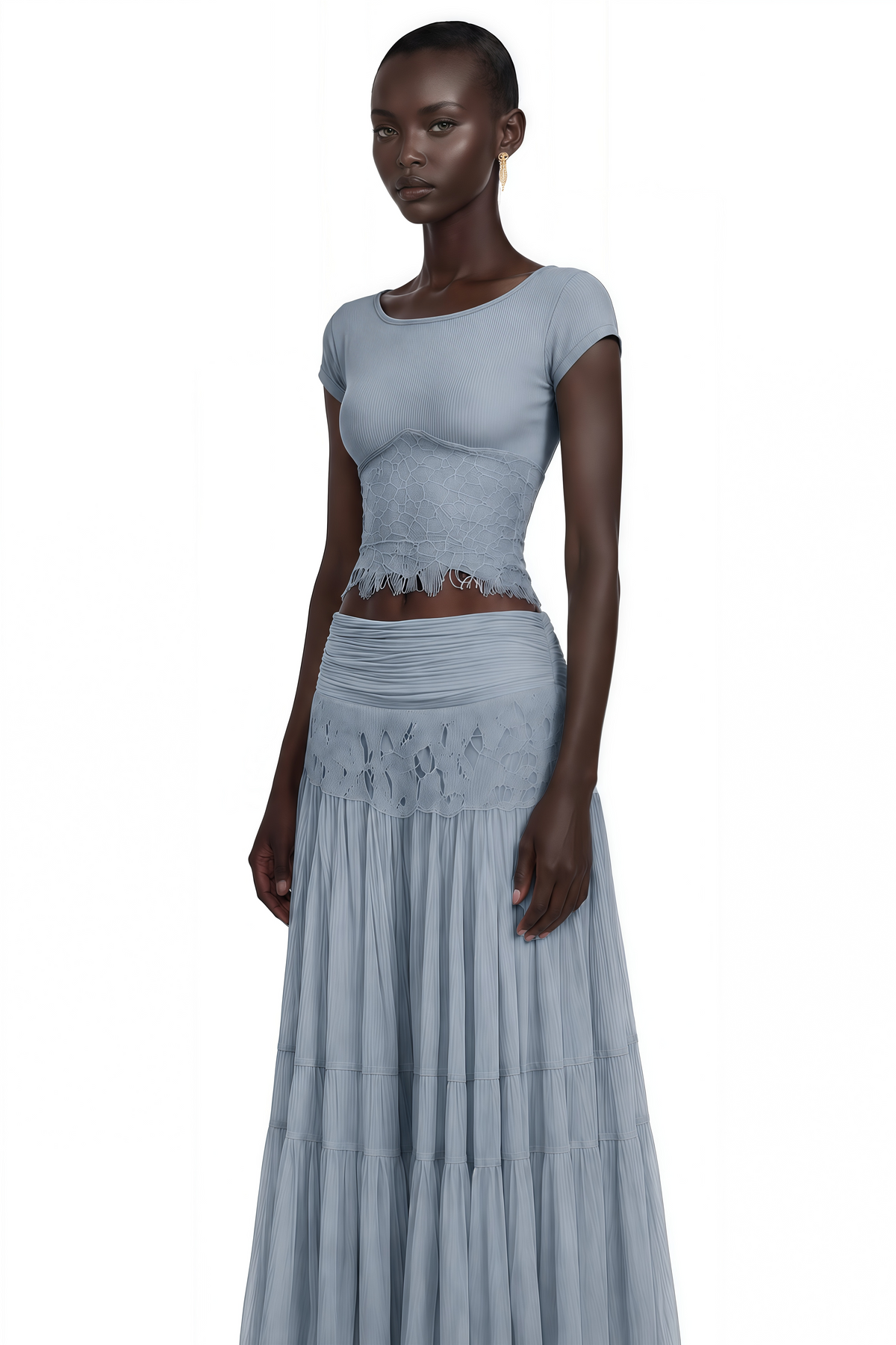 Haast Dusty Blue Knit Top & Lace Panel Skirt Set