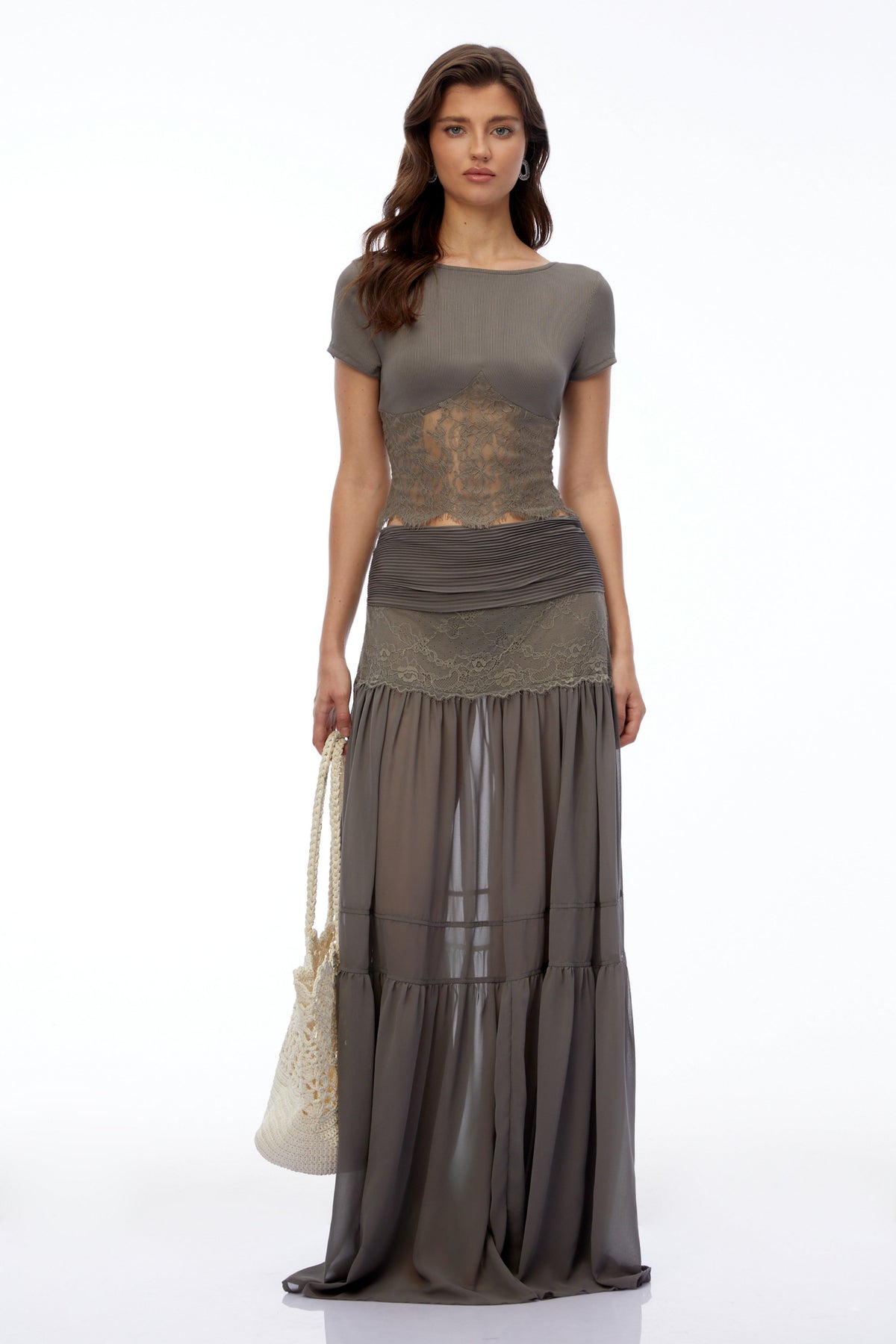 Haast Grey Knit Top & Lace Panel Skirt Set