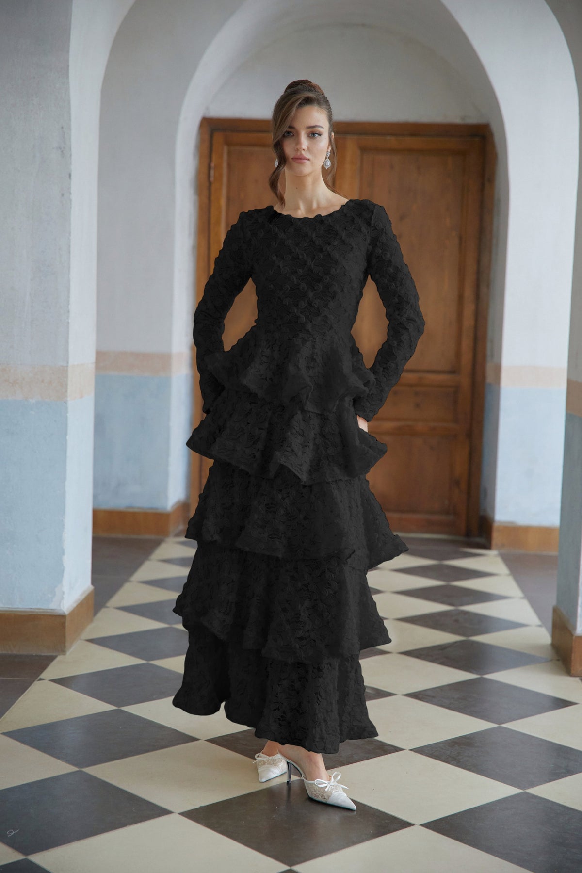 Halla Black Tiered Floral Lace Maxi Dress