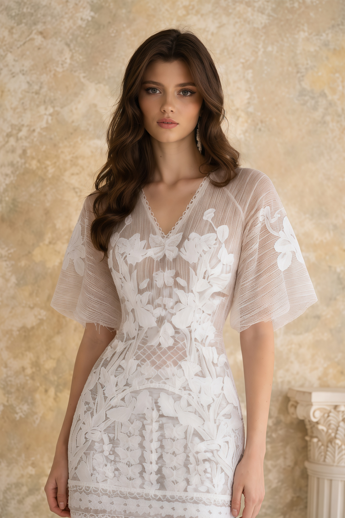 Halsey Neutral Lace Mini Dress with Butterfly Appliqué (Final Sale)