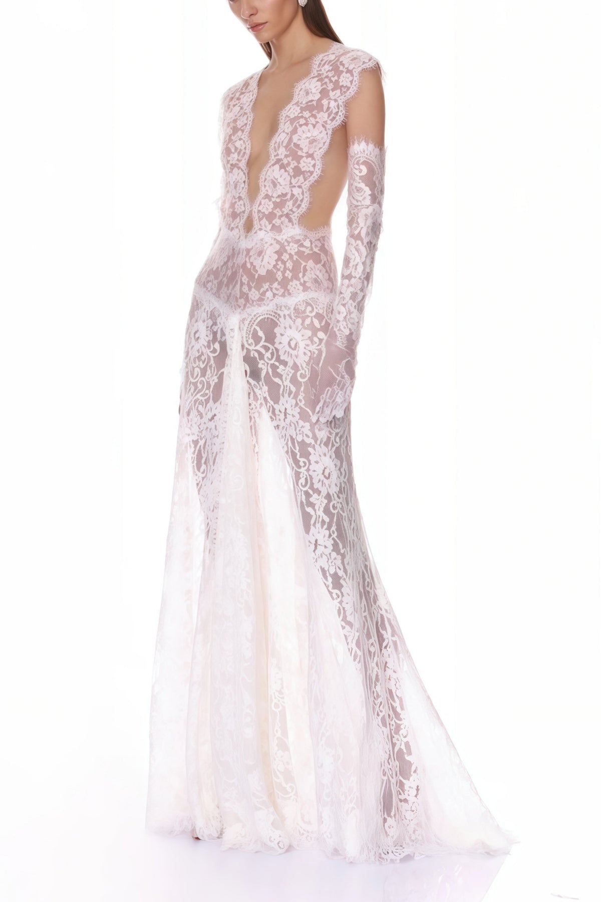 Hanna White Sheer Lace Maxi Dress with Deep V-Neck (Without Gloves) (Final Sale)